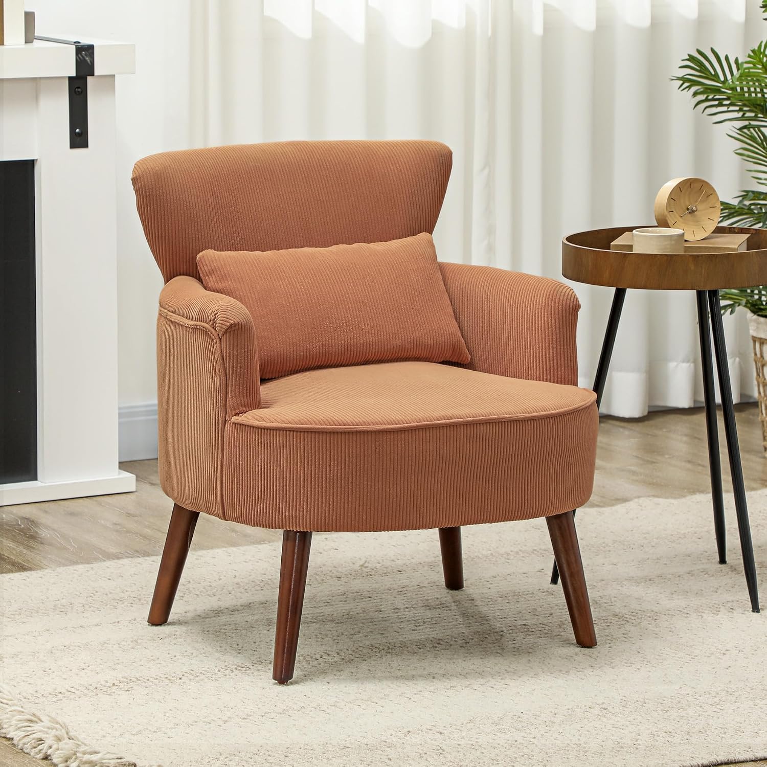 HOMCOM Accent Chair, Corduroy Upholstered Armchair with Solid Wood Legs and Lumbar Pillow, Living Room Chair with Thick Padded Seat, Orange