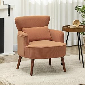 HOMCOM Accent Chair, Corduroy Upholstered Armchair with Solid Wood Legs and Lumbar Pillow, Living Room Chair with Thick Padded Seat, Orange