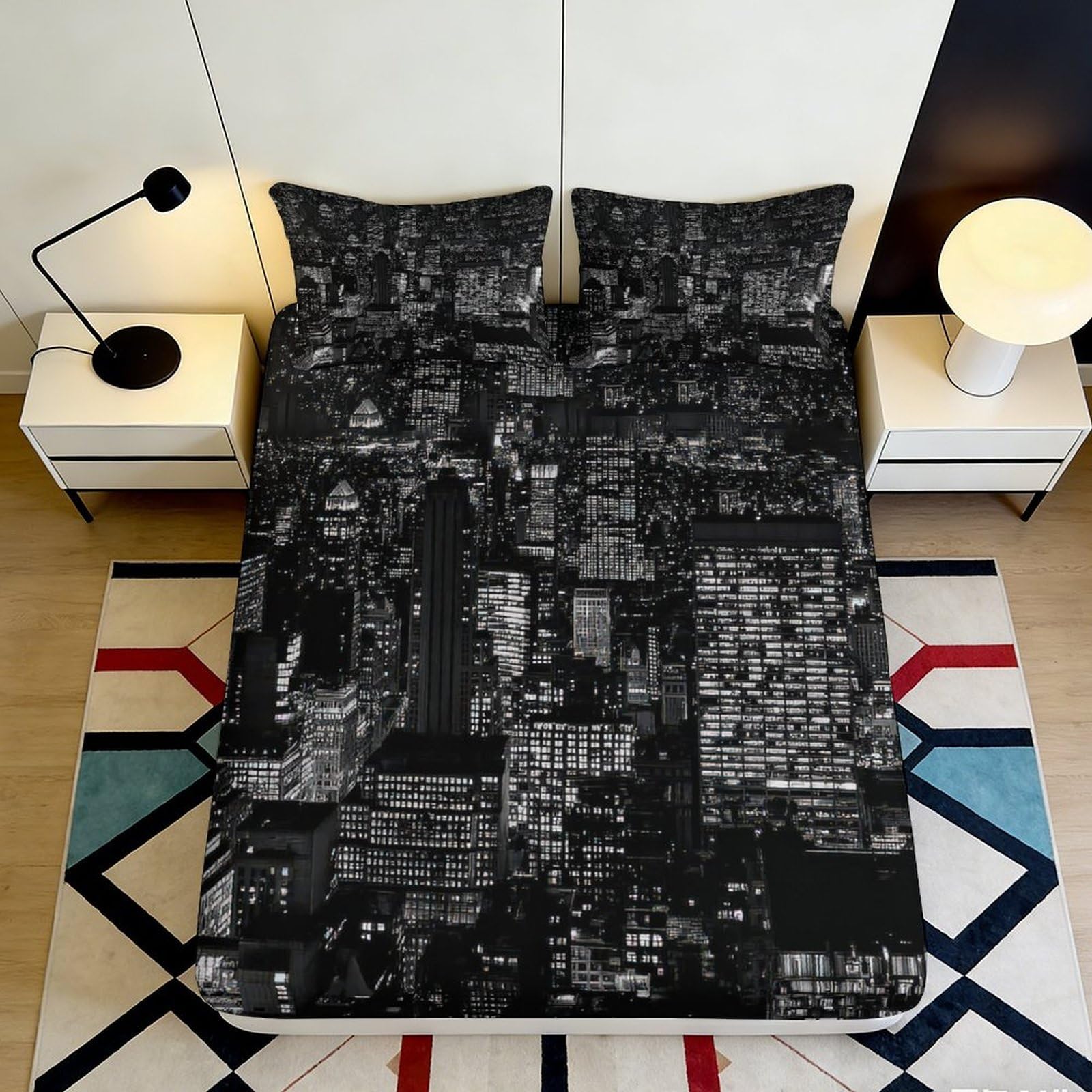 3D Printed City Nightscape Fitted Sheet Microfiber Urban Lights Bed Sheet Black White Bedroom Decor 90x200x25cm