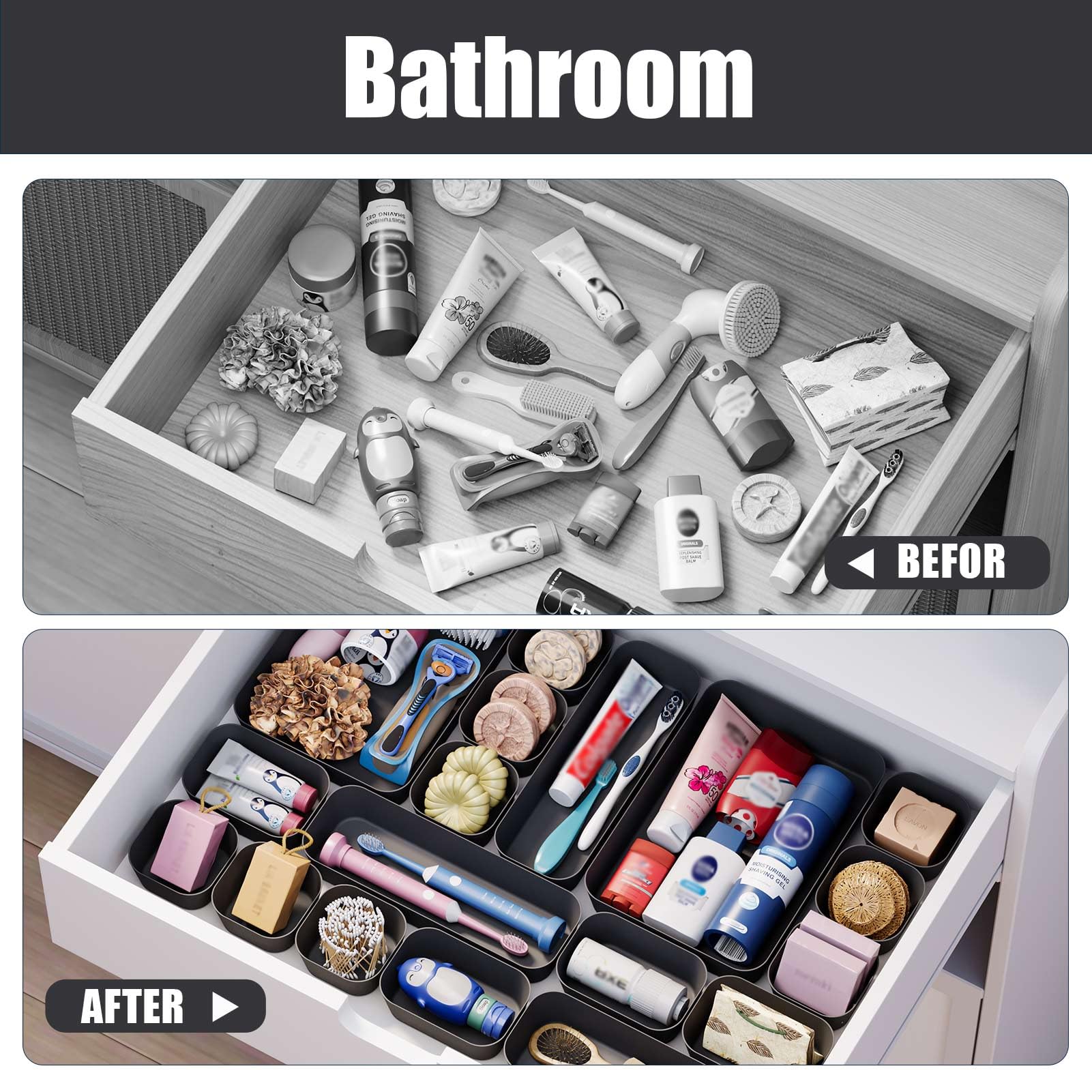 Organizer Cassetti Plastica, 18 Pezzi, Scatole Plastica Organizer, Contenitori per Cassetti Salvaspazio per Trucchi Cassetti, Cosmetici, Bagno, Cucina, Ufficio, Scrivania