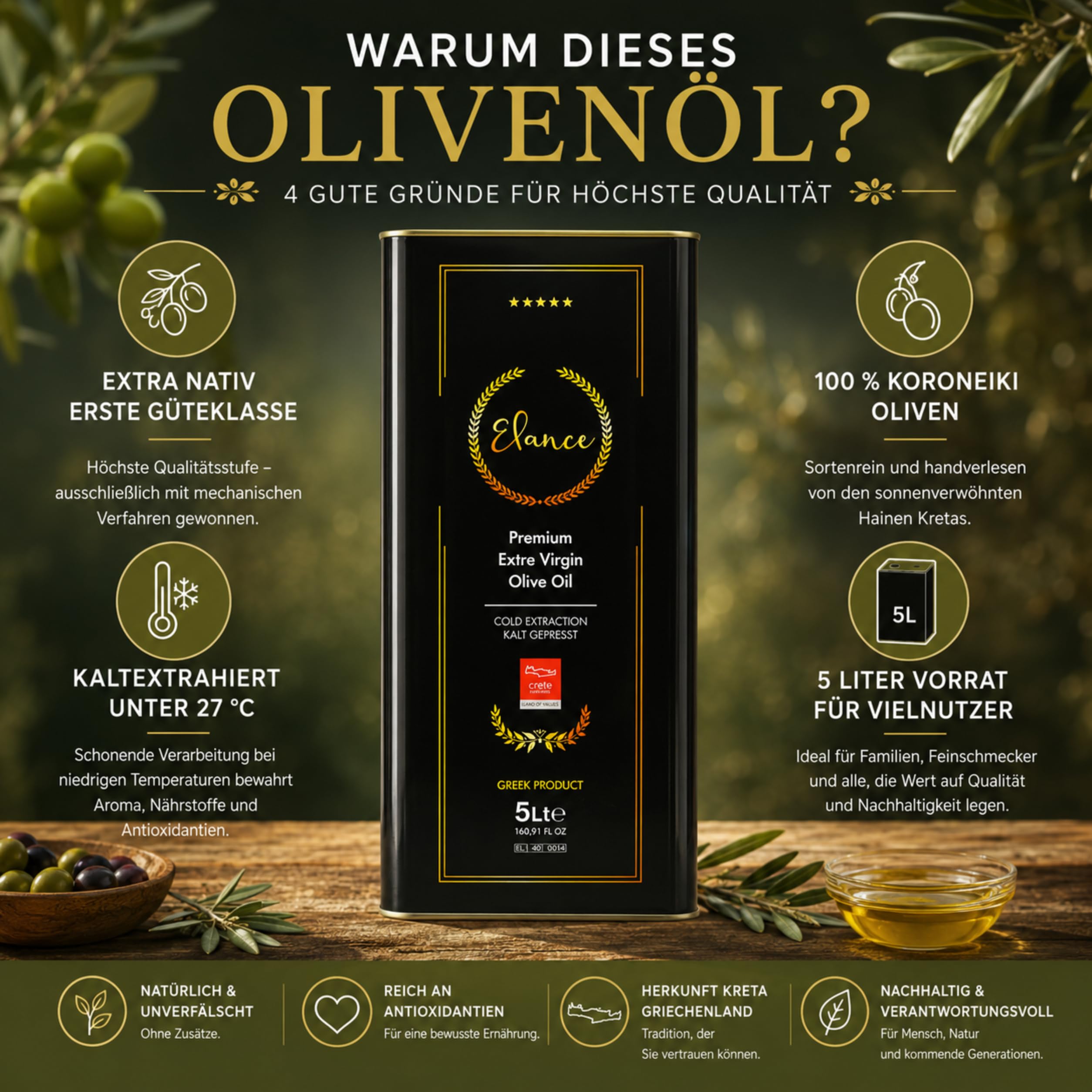 Elance Olivenöl 5 Liter Extra Nativ Premium - Neue Ernte - Direkt aus Kreta, Griechenland - Erste-Güteklasse - 100% Handverlesen | Kalt extrahiert