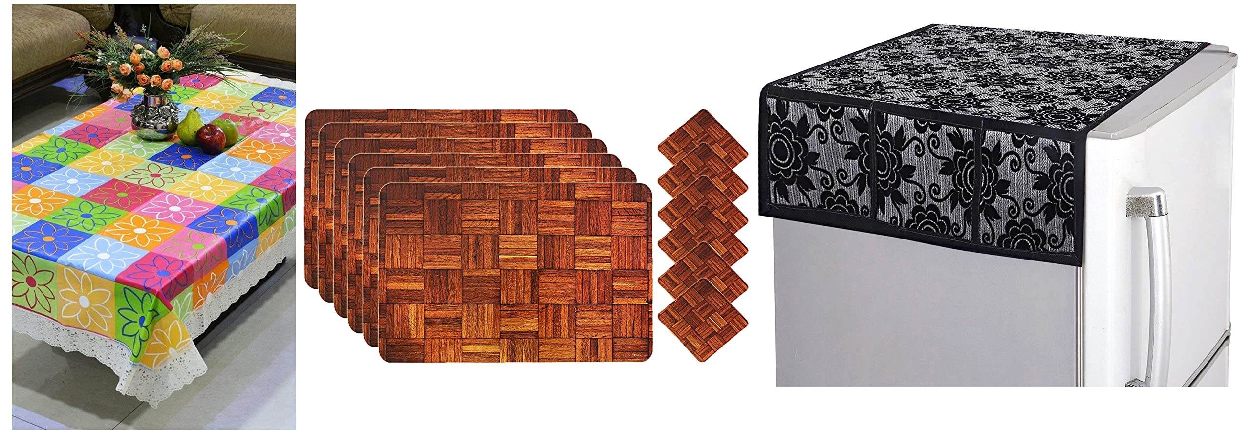 Kuber Industries Dining Table Placemat Set with Tea Coasters (Brown) -6 Pcs - CTKTC032190 & 4 Seater Center Table Cover & Floral Design Cotton Fridge Top Cover (Black, 37"x21", CTKTC013848) (B0BC24VS5D) Amazon Price History, Amazon Price Tracker