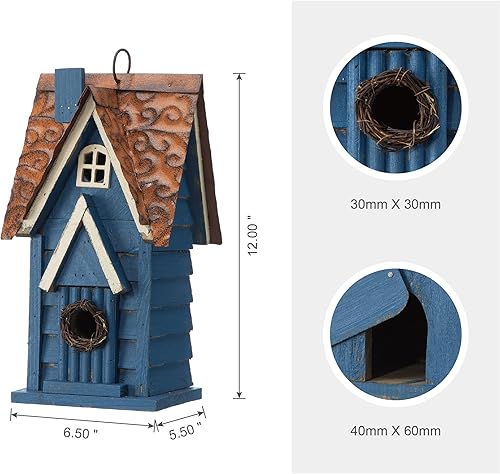 Miniatura 3 de Glitzhome GH90096 - Casa de pájaros colgante de madera envejecida para jardín, color azul