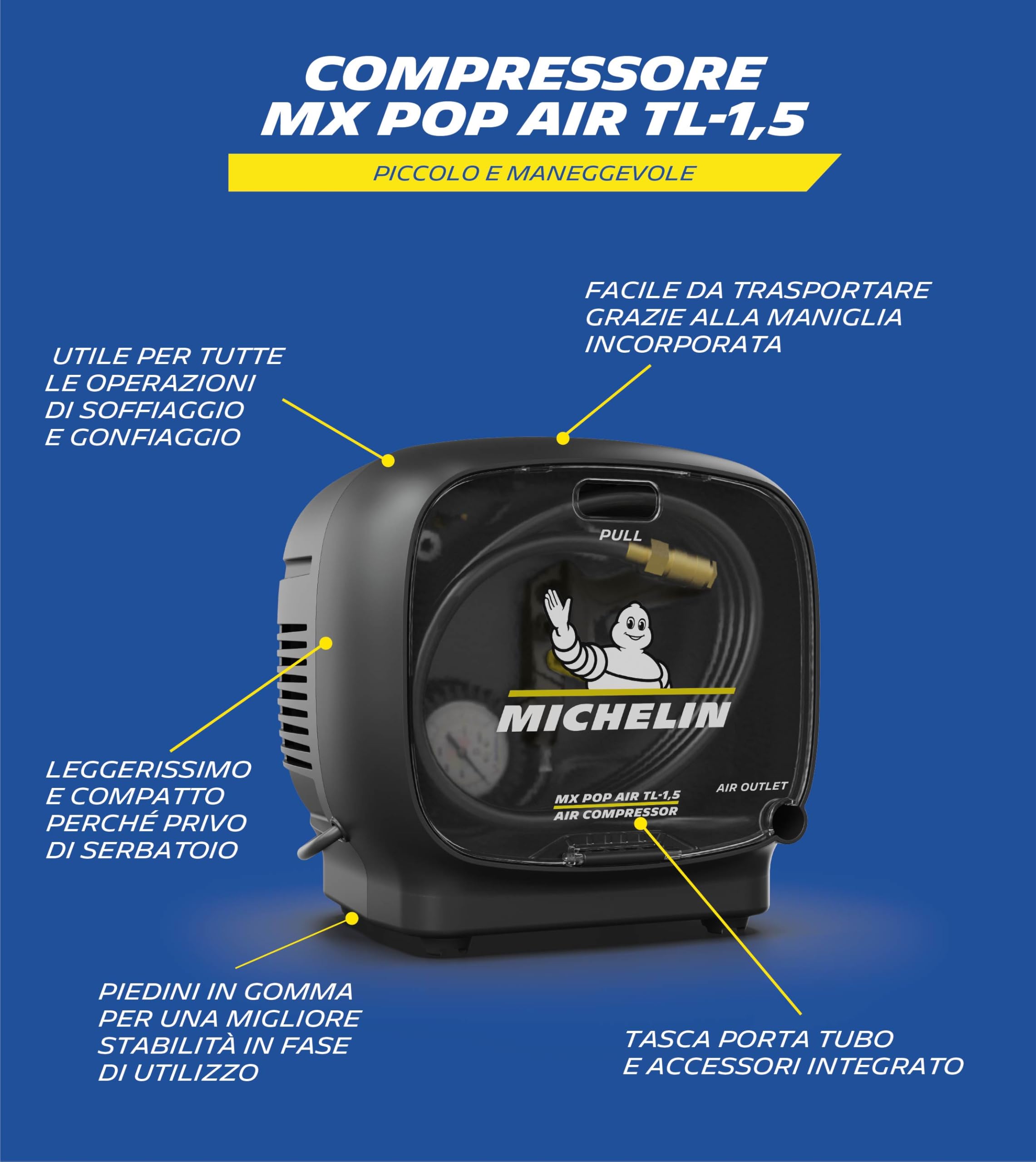 MICHELIN, Compressore Portatile SENZA SERBATOIO MX POP AIR TL-1,5, + Kit (Include Tubo in Gomma 3m, Pistola di Gonfiaggio, Ugello Lungo di Soffiaggio, 3 Ugelli di Gonfiaggio), Motore da 1,5 hp