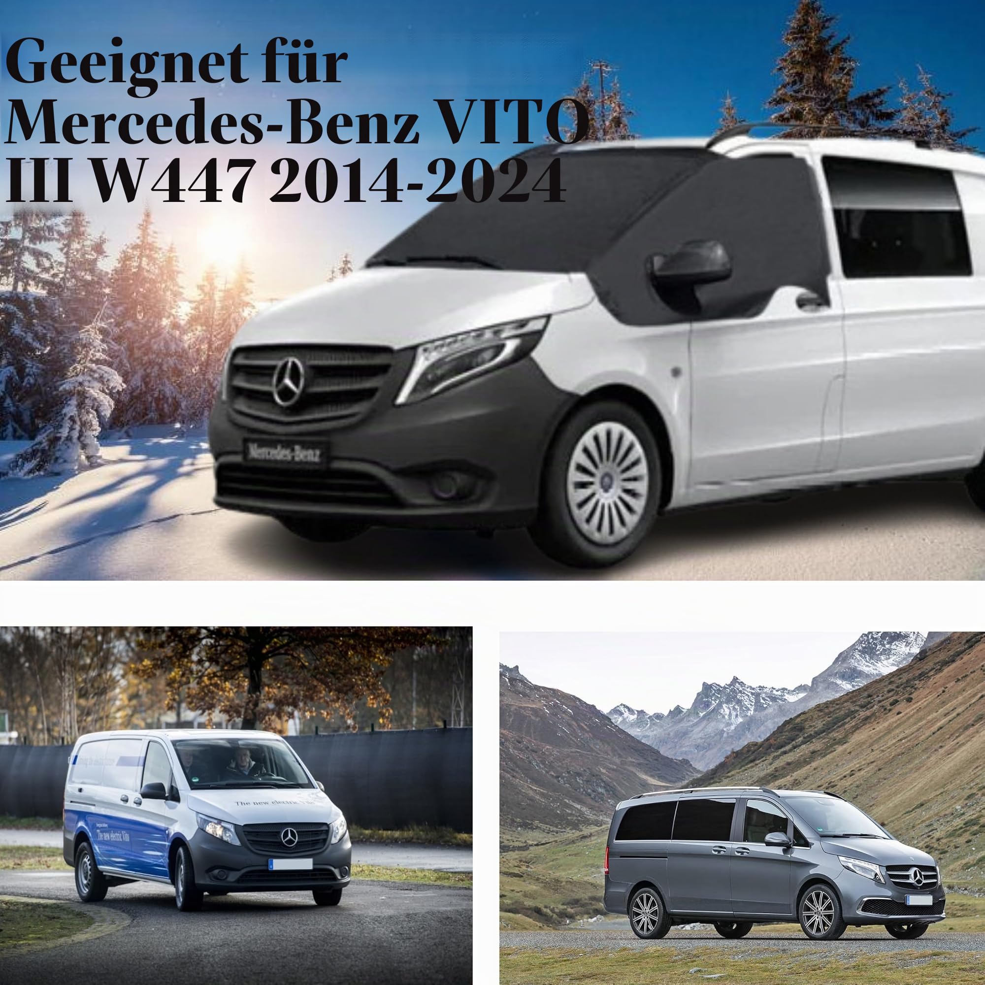 Sonnenschutz Frontscheibe für Mercedes Vito W447 2014-2024 | 600D Oxford Stoff, 100% Verdunkelung, UV-Schutz, Frostschutz & wetterfest. Thermomatte für Winter hält Kälte und Wärme ab