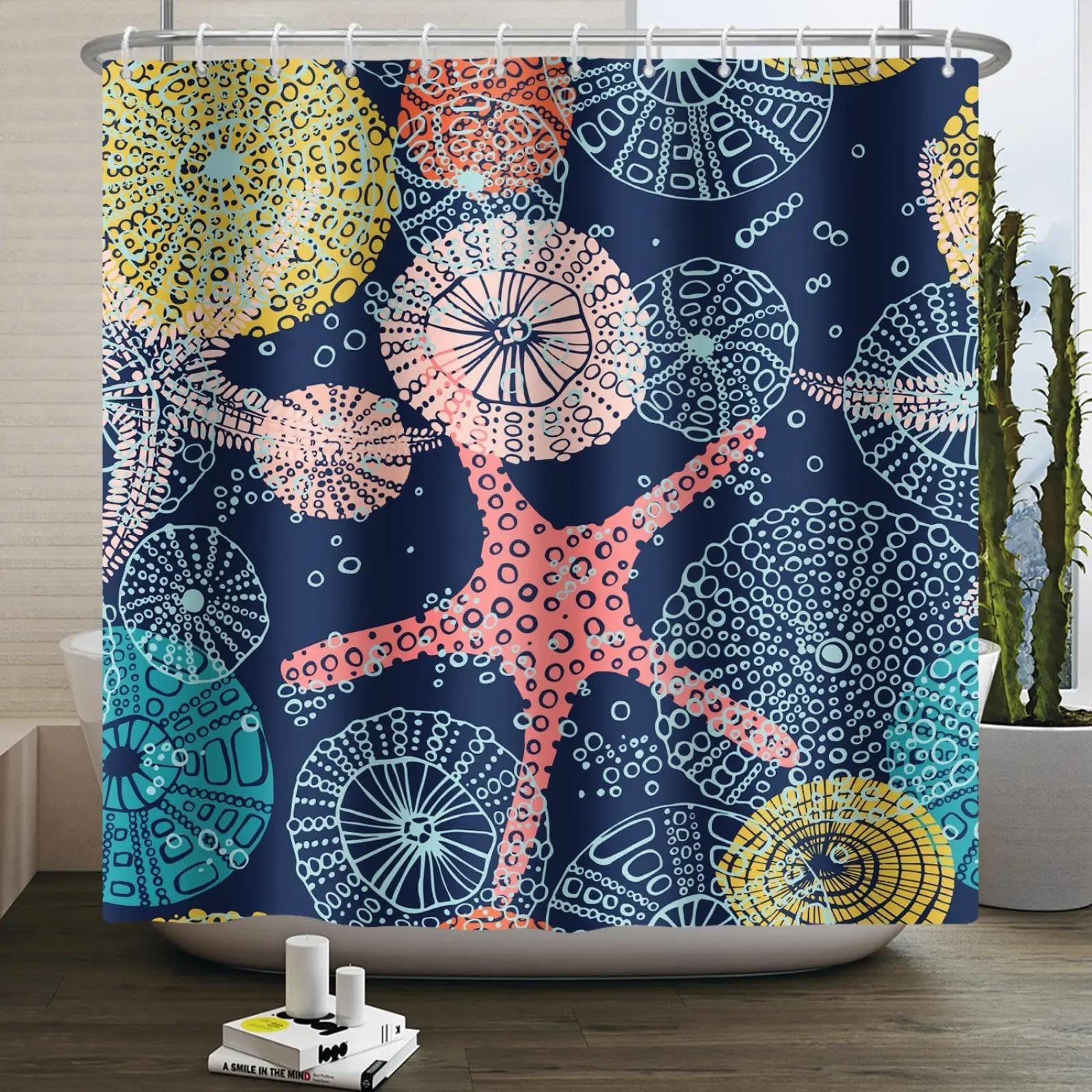 Zasłona prysznicowa, czarna, ocean, 200 x 220 cm, odporna na pleśń, z materiału, nadaje się do prania, motyw wodorostów, rozgwiazdy, wodoszczelna, poliester, zasłona łazienkowa do łazienki,