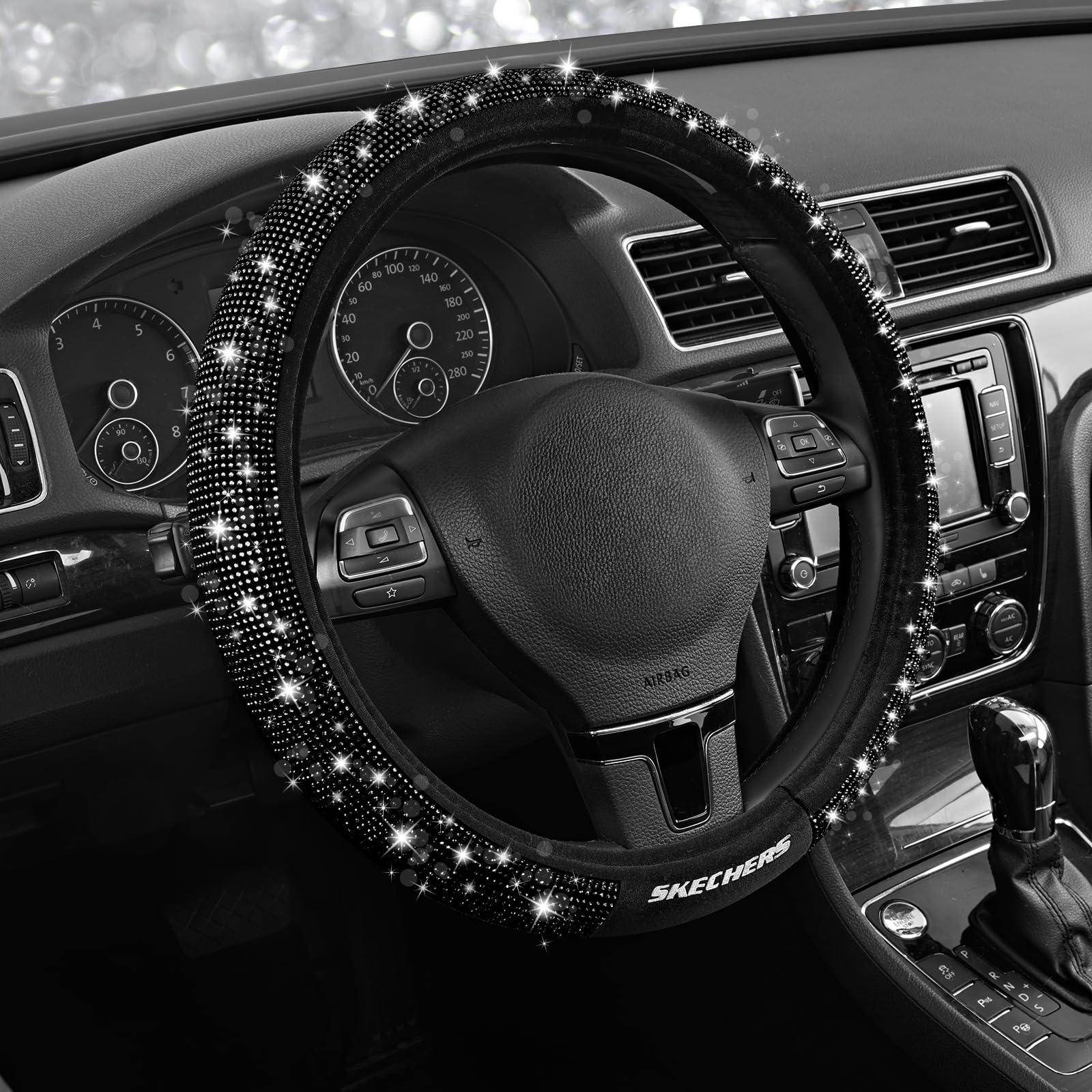 Skechers Women’s Bling Steering Wheel Cover, Velvet with Sparkly Crystal Rhinestones, Stylish Car Interior Gift, Universal Fit 14" 1/2-15" for Cars, SUVs, Trucks, Black Diamond