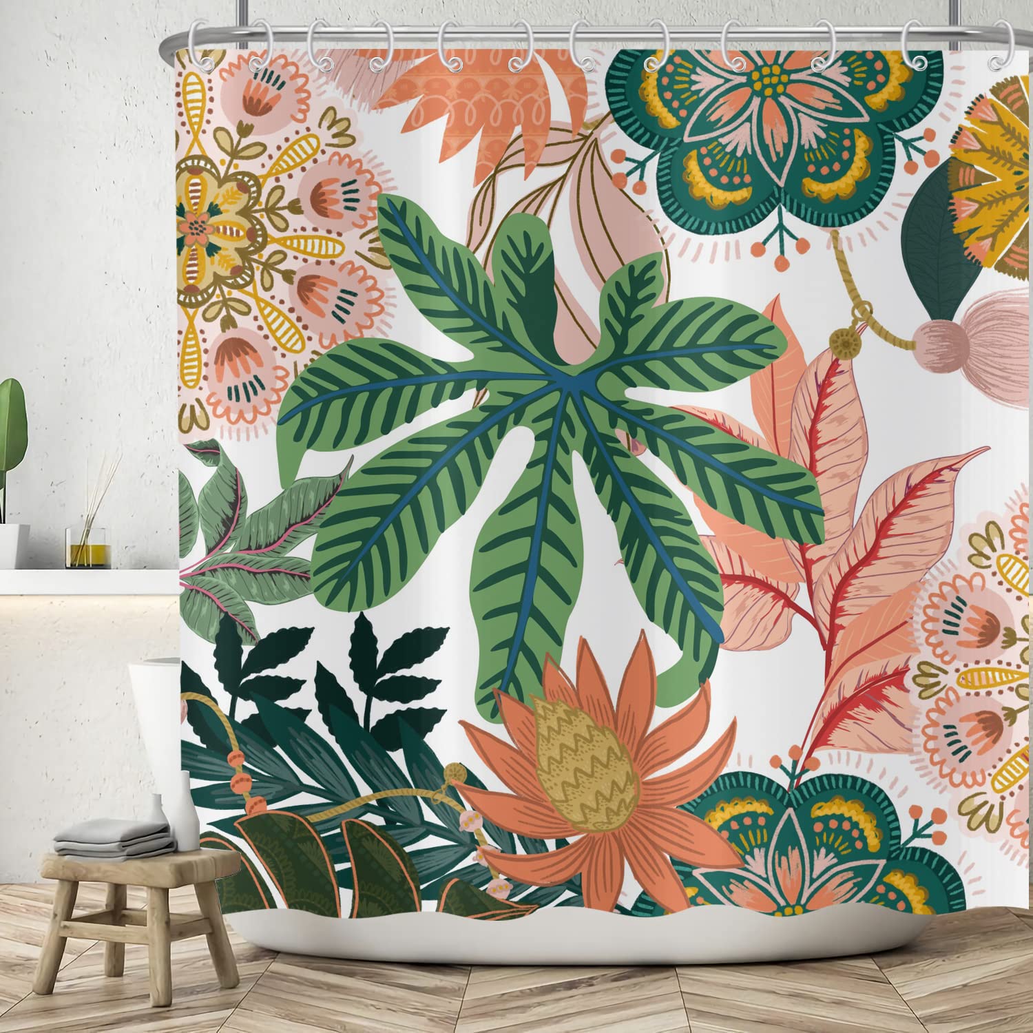 ASDCXZ Shower Curtain Boho Flowers 90x180 cm, Abstract Green Tropical Plants Pink Flowers Washable Bath Shower Curtains Polyester Textile Waterproof Shower Curtain for Bathtub with 6 Hookss โ image 1