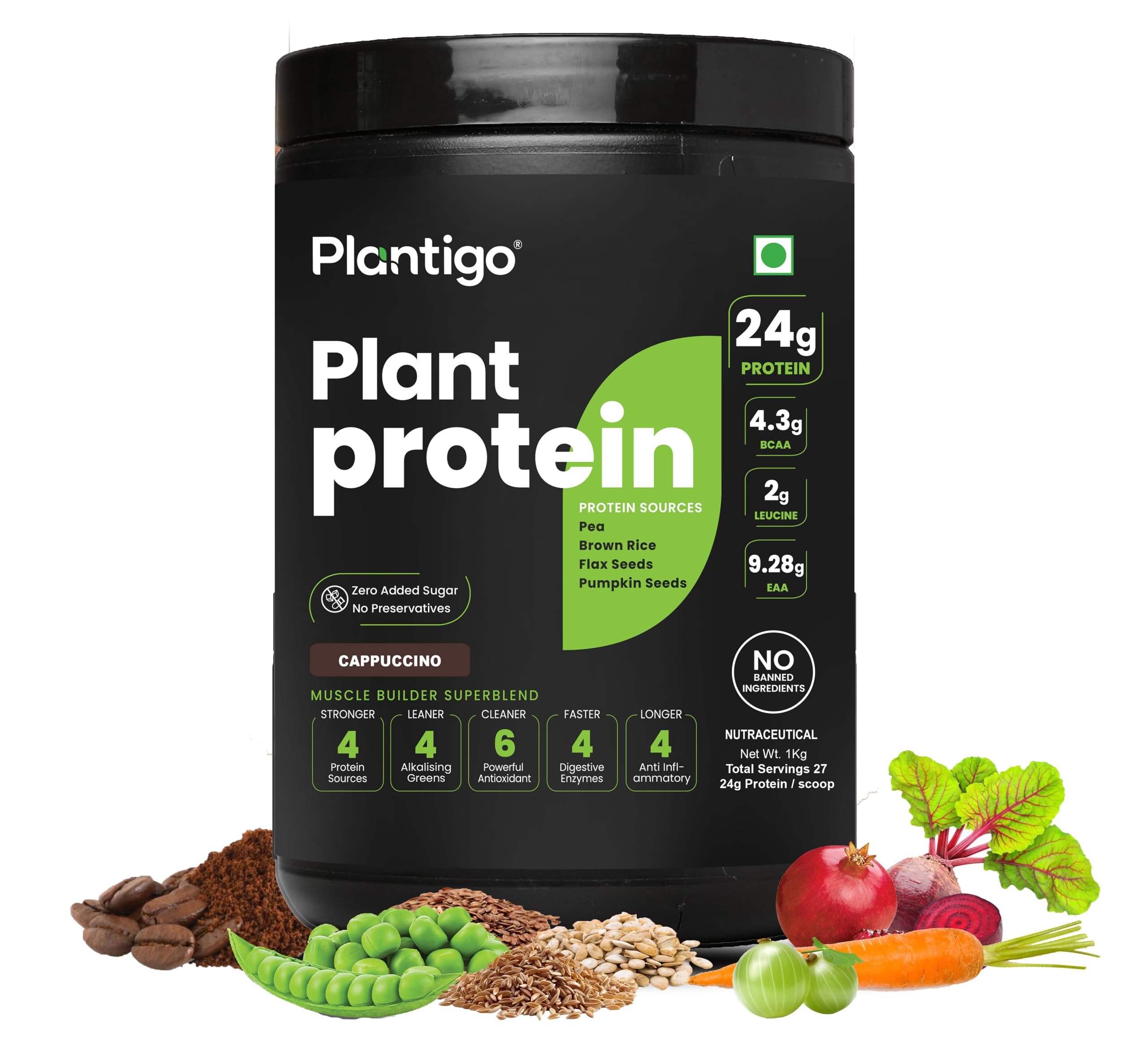 Plantigo Plant Protein Powder 1kg - Cappuccino Coffee Flavoured | Pea Protein, Brown Rice, Flax Seed, Pumpkin - Clean & Green Based Protein Powder | 24g Protein, 4.4g BCAA, Fiber for Men & Women