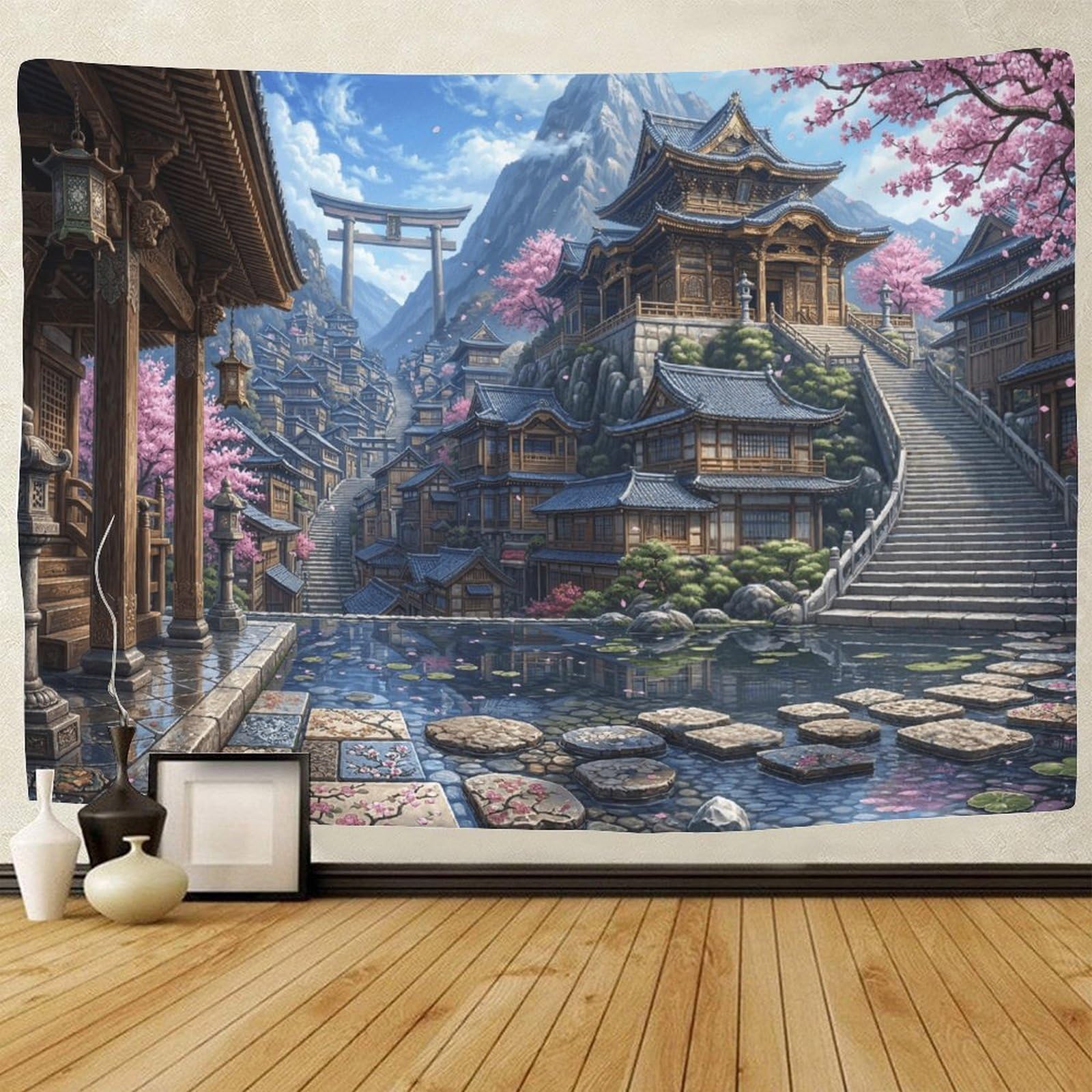 GPMNBCXZK Japanese Traditional Town 3D Printed Wall Hanging Sakura Bedroom Living Room Art Tapestry Decor 100cmx150cm