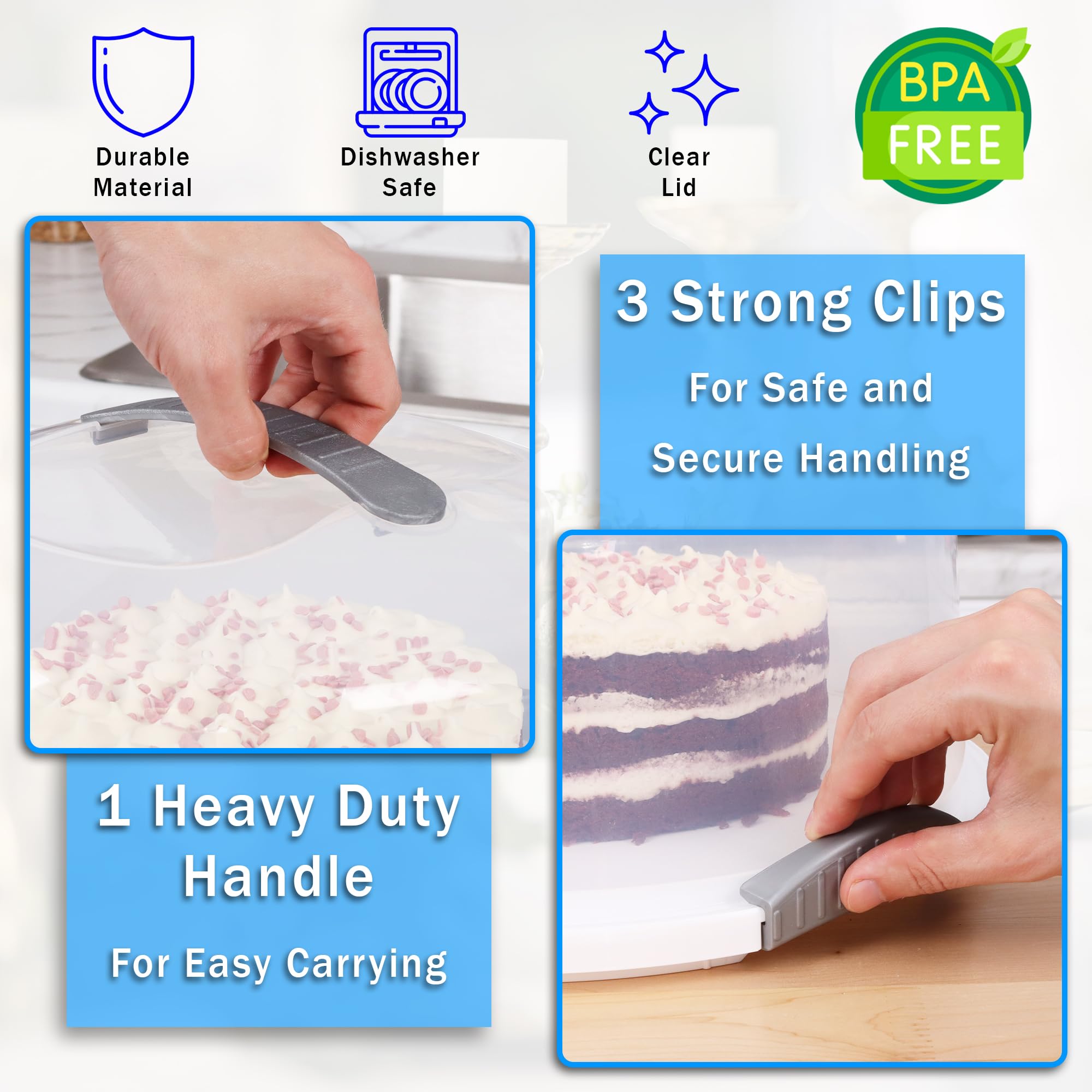 JOEY'Z Contenedor de almacenamiento extra grande para tartas con servidor para tartas de hasta 12 pulgadas, 3 capas, cúpula translúcida blanca y gris, transporta pasteles, pasteles u otros postres