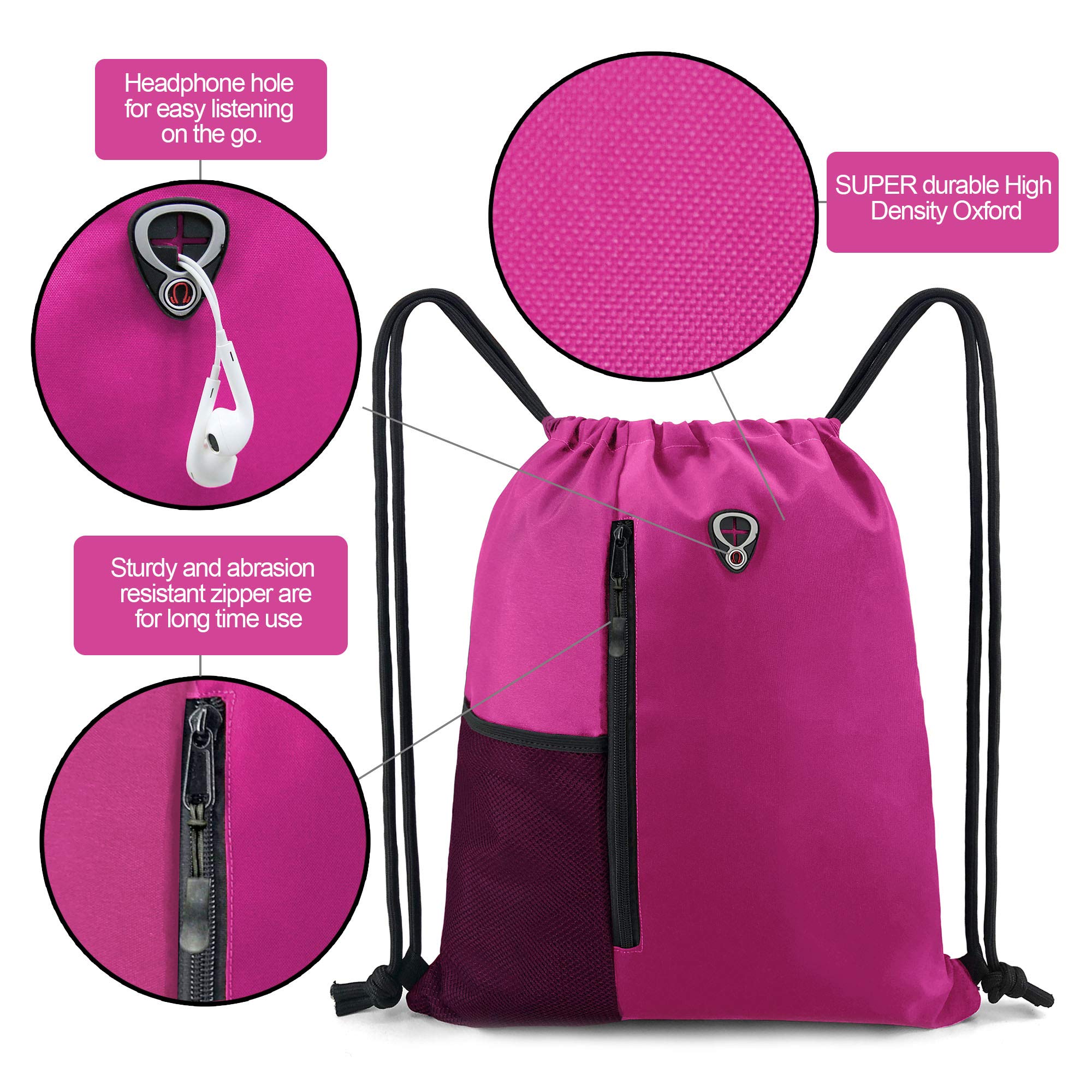 BeeGreen Drawstring Backpack Sports Gym Bag for Women Men Large Size With Two Zipper Pockets and Water Bottle Mesh Pockets - Image 3