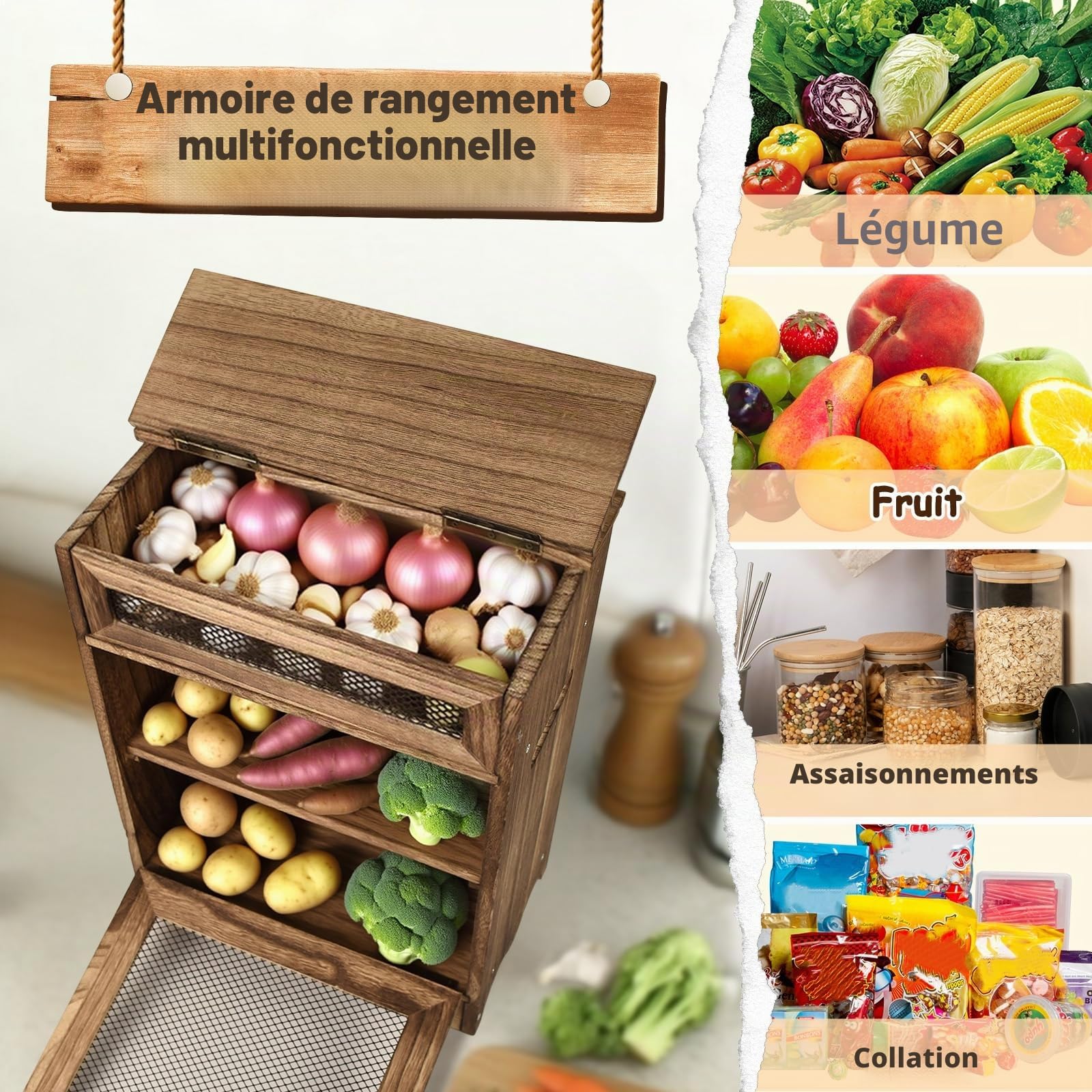 Boîte de rangement en bois, armoire de comptoir pour fruits et légumes, boîtes à pain en bois, rangement de pommes de terre, oignons et tomates, station de café, 30 x 17 x 40 cm, couleur