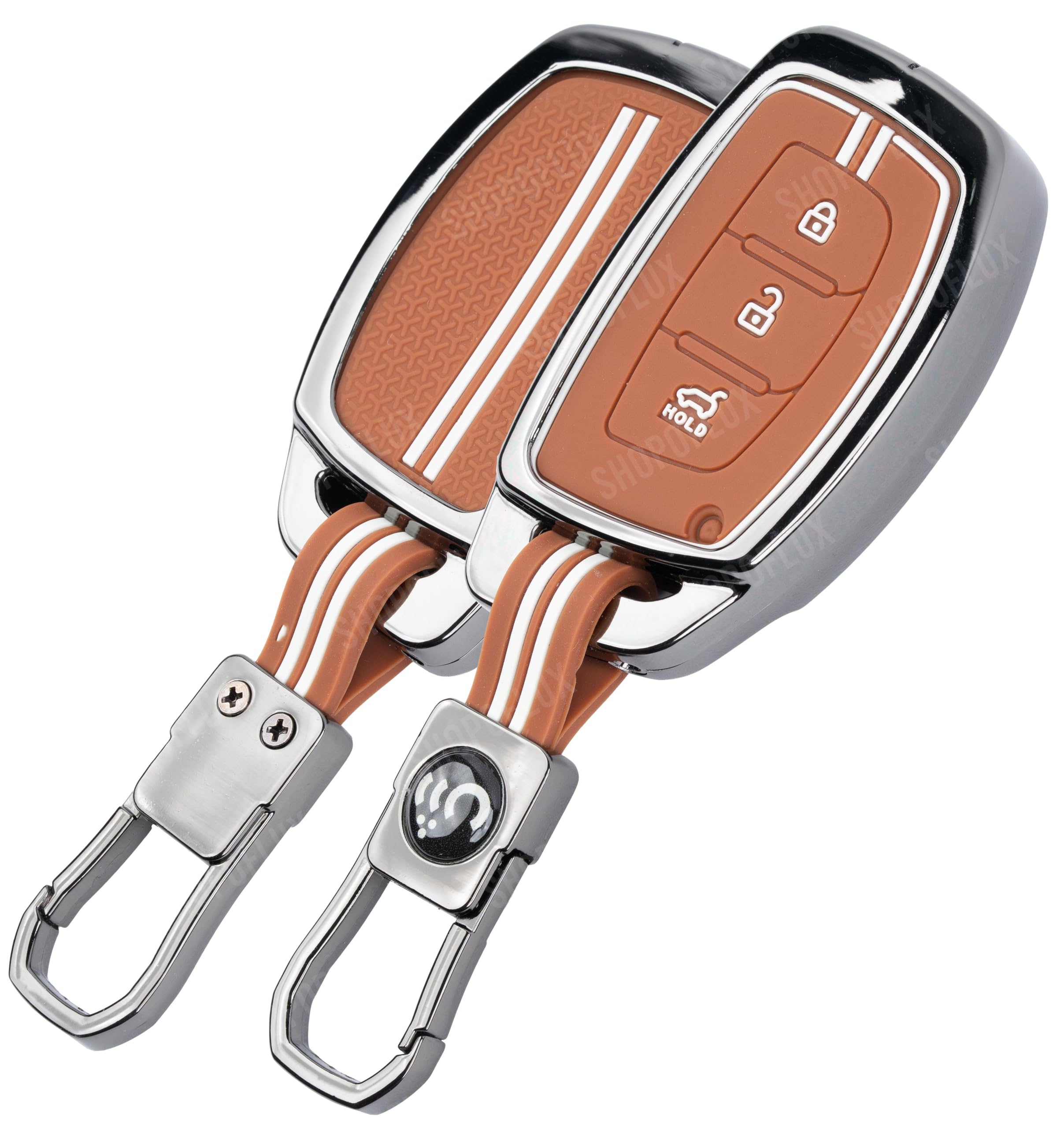 SHOPOFLUX Metal Key Cover for Hyundai Grand i10 NIOS Asta | Venue | i20 | Aura | Exter | Creta | Elantra 3 Button Smart Key Only (Brown Silicone)-image-44
