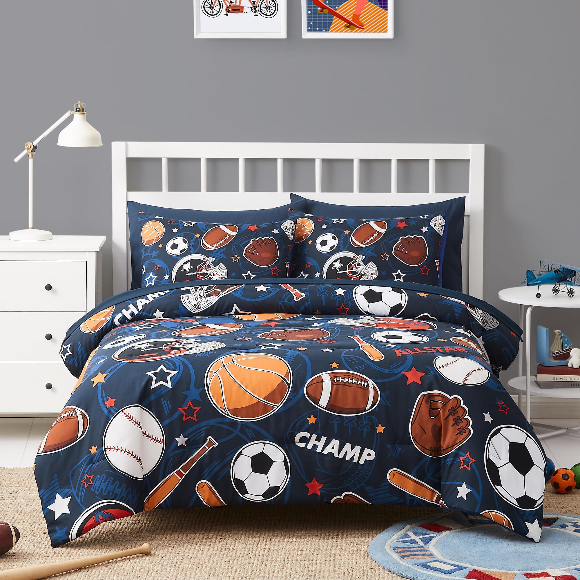 Kaleido Space Full Kids Comforter Set - 7 Pieces Full Bedding Sets for Boys Teen, Glow in The Dark Sports Ball Games Bed in A Bag with Sheets