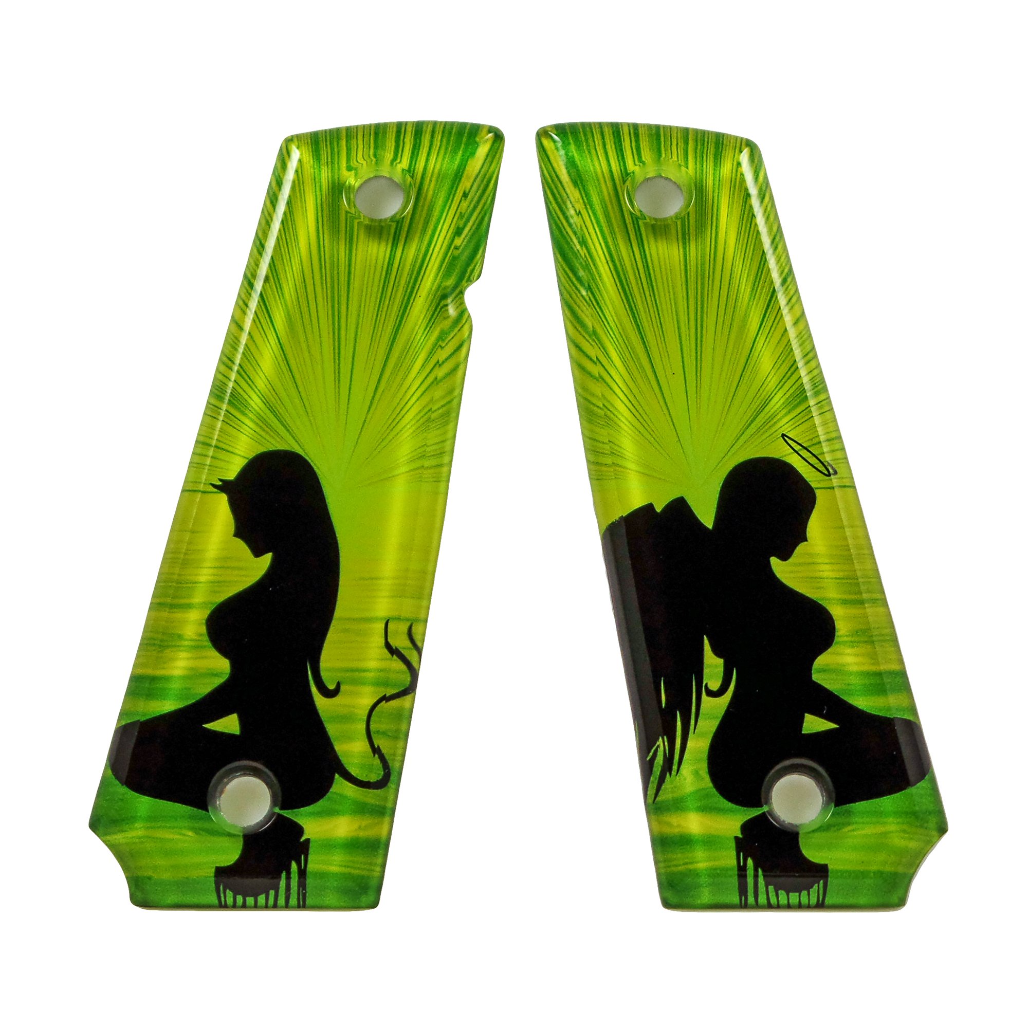 Custom 1911 A1 Full Size Angel and Devil Green SPD Acrylic Ambidextrous Grips- Compatible with Kimber, Colt, Taurus and Sig
