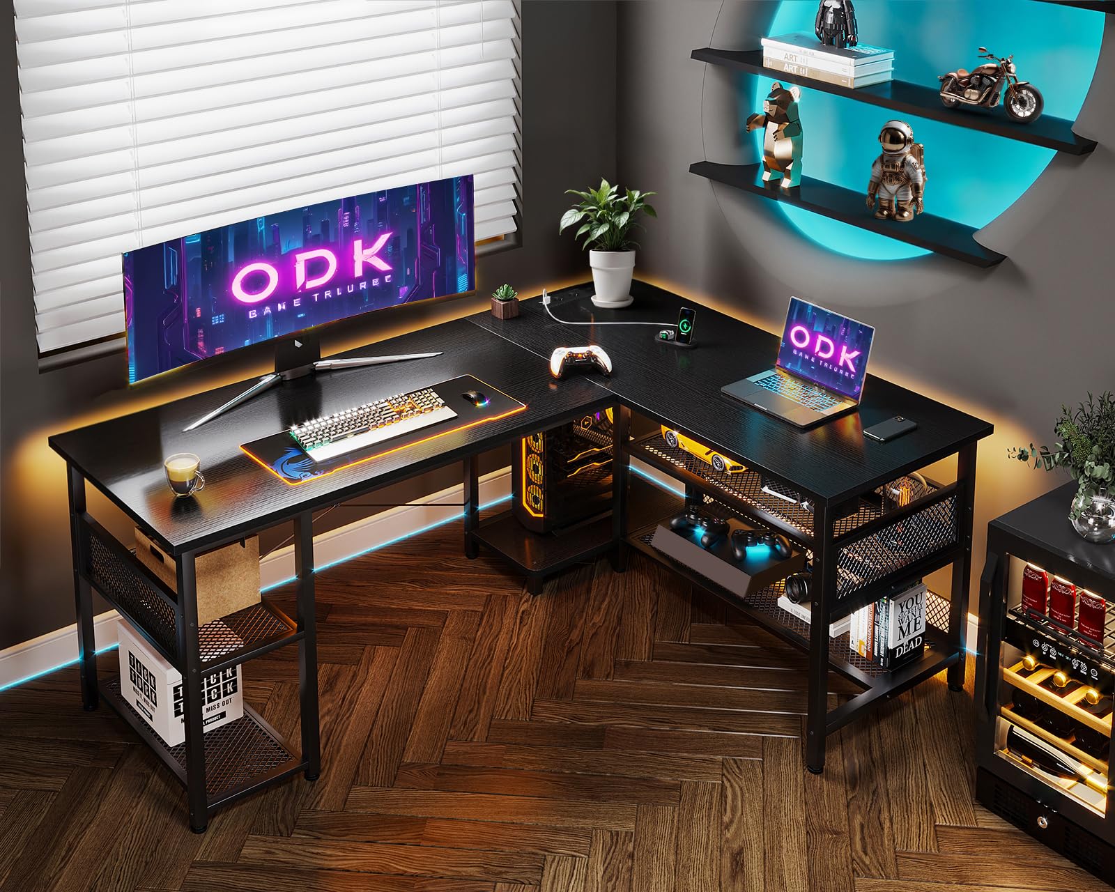 ODK Scrivania Gaming ad L con Design Reversibile, Scrivania con Ampio Spazio di Archiviazione, Scrivania ad Angolo con 2 Prese e 2 Porte USB, Nero, 150×102 cm