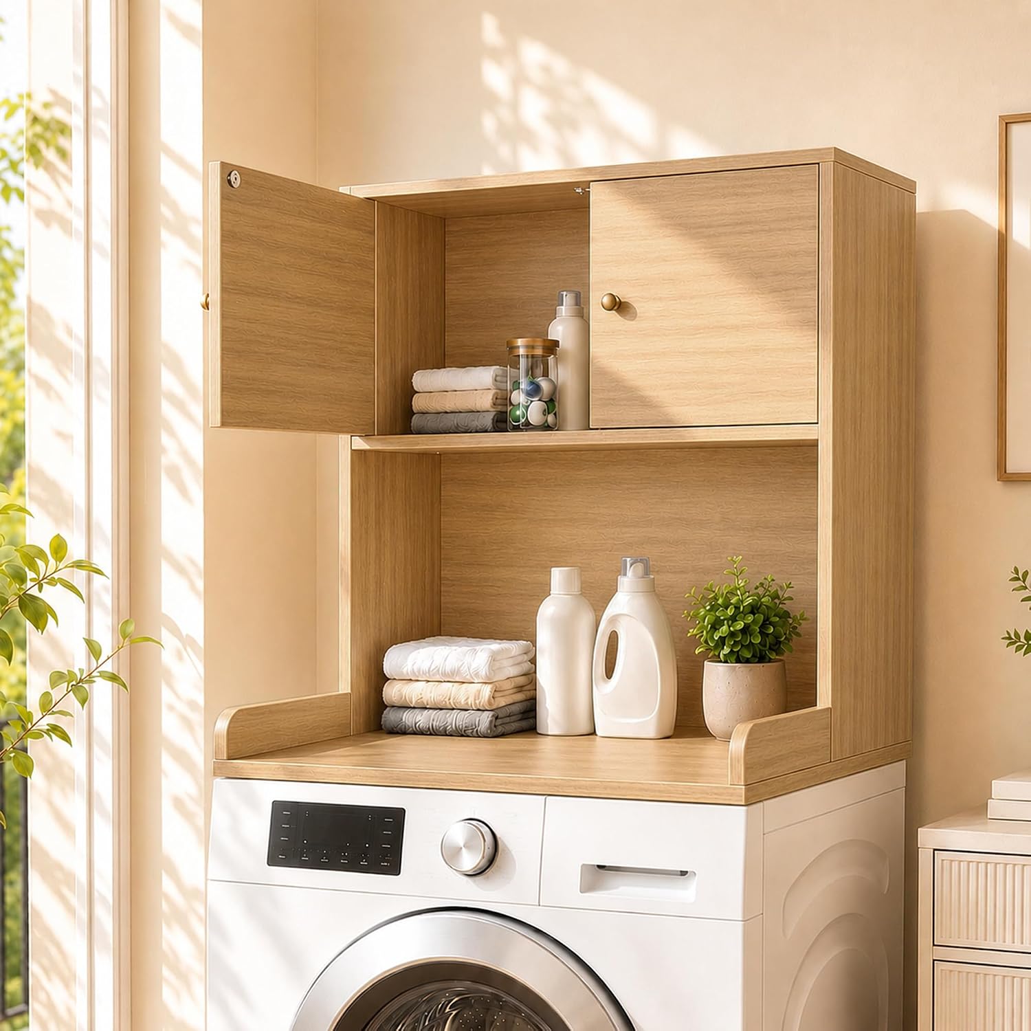 Washer Dryer Countertop with Cabinets, 2-Tier Laundry Countertop with Shelf