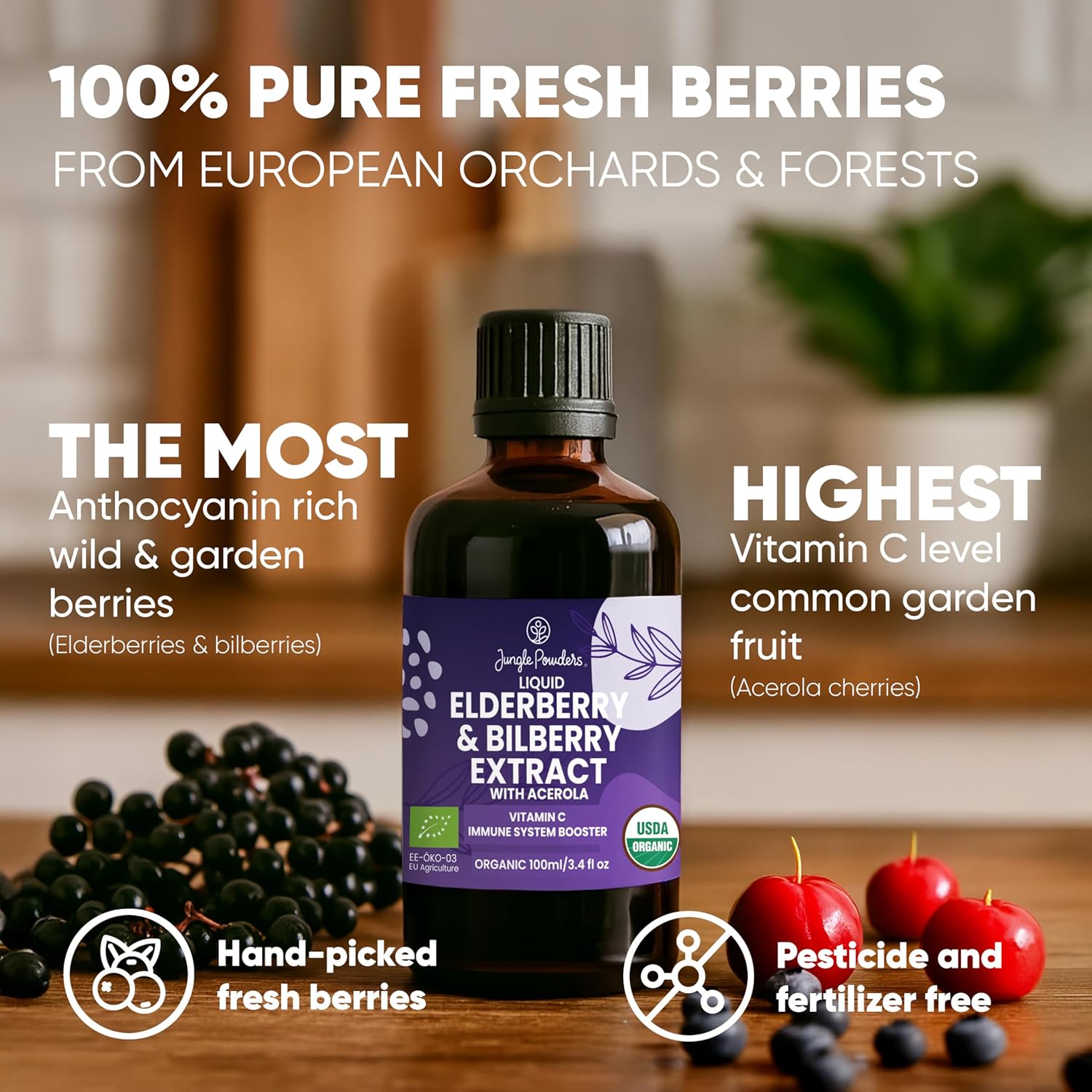 Organic Elderberry Syrup with Liquid Wild Bilberry Extract for Eyes 3.4oz Bottle USDA Certified Sambucus Immune Support Supplement - Acerola for Vitamin C Alcohol-Free High Bioavailability Anthocyanin - Image 4