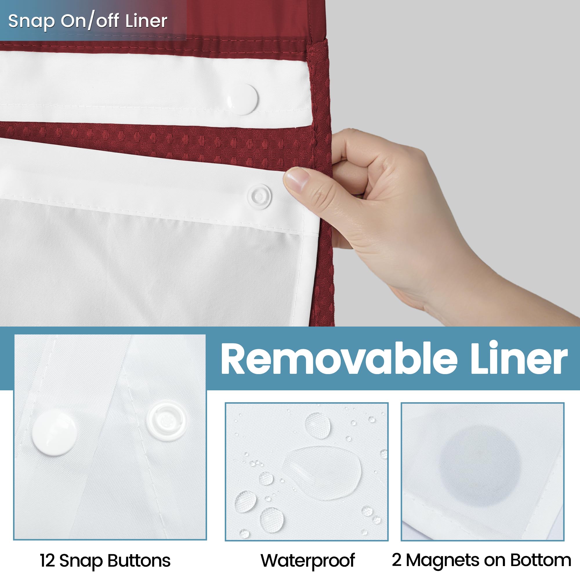 EUTXL Rideau de Douche sans Crochet avec Doublure à Clipser – 230 g/m² – Rideau de Douche à Tissage gaufré pour Salle de Bain – Bordeaux – 180 x 188 cm (l x H)