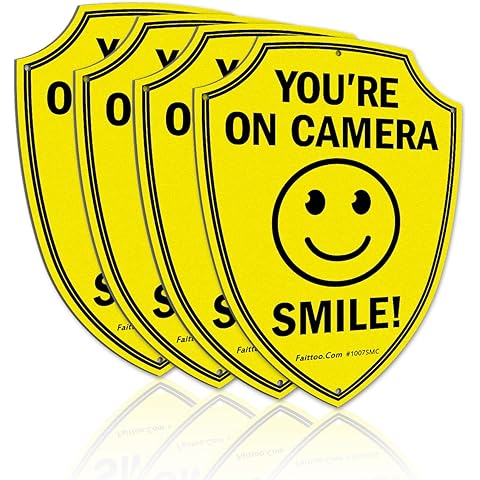 Faittoo Smile You're On Camera Sign, Video Surveillance Signs Outdoor, 4-Pack, 9.6 x 6.8 Inch Reflective Aluminum Warning Sign for Home Business CCTV Security Camera, Weather Resistant, Shield Shape
