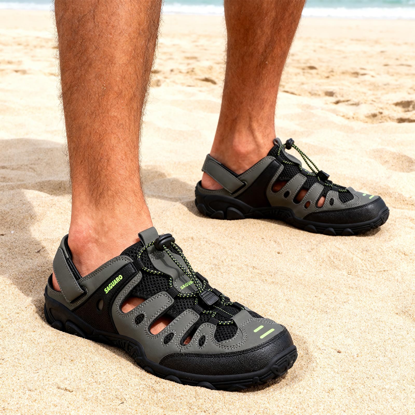SAGUARO Sandalias de Trekking para Hombre con Puntera Cerrada Sandalias Deportivas de Verano Cómodas Transpirables Sandalias de Senderismo Verde 42 EU