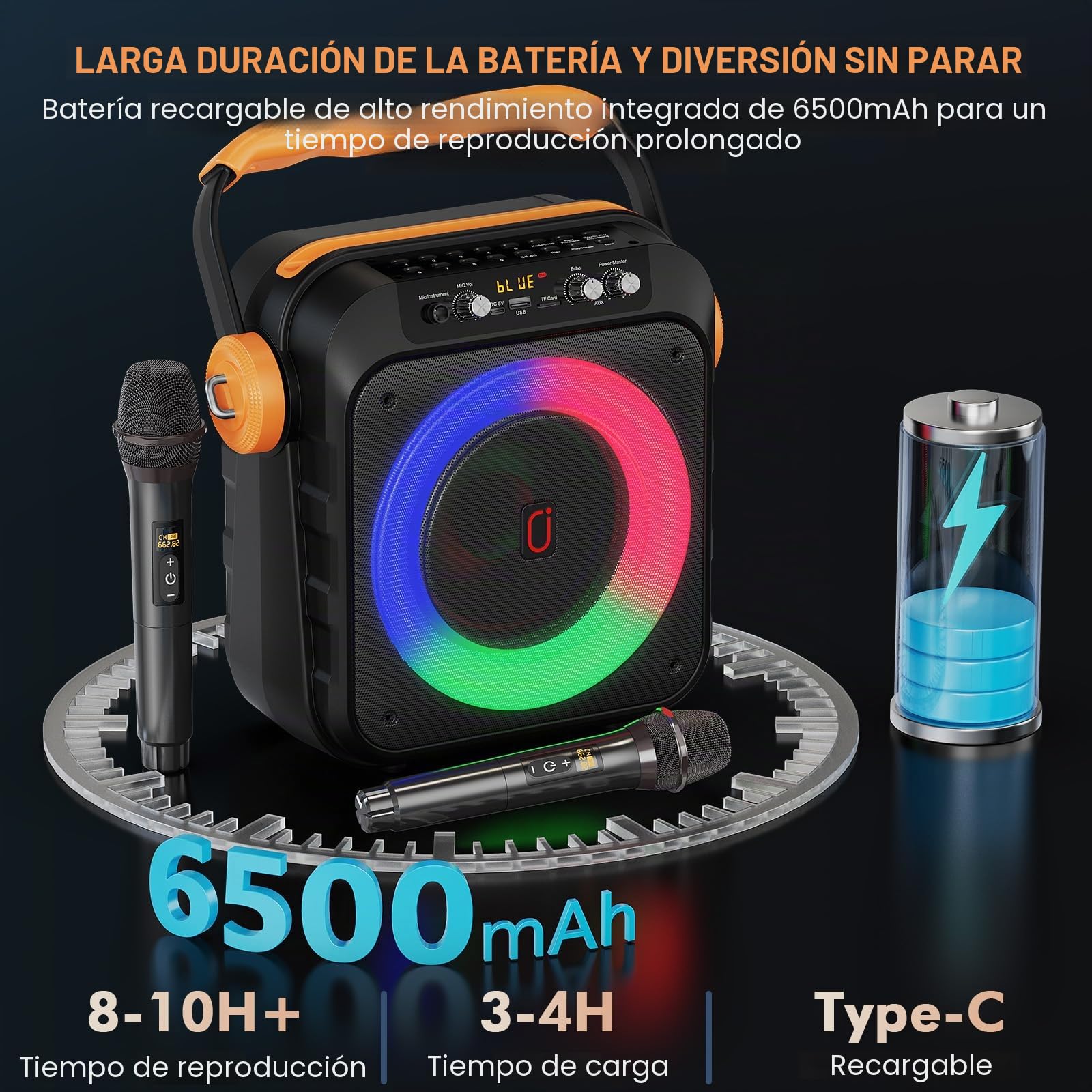 JYX Karaoke 2 Microfonos Inalambricos, Altavoz con Microfono, Karaoke Profesional, Karaoke Portatil, Altavoz Bluetooth con Efectos de luz LED, Apto para Adultos/niños.