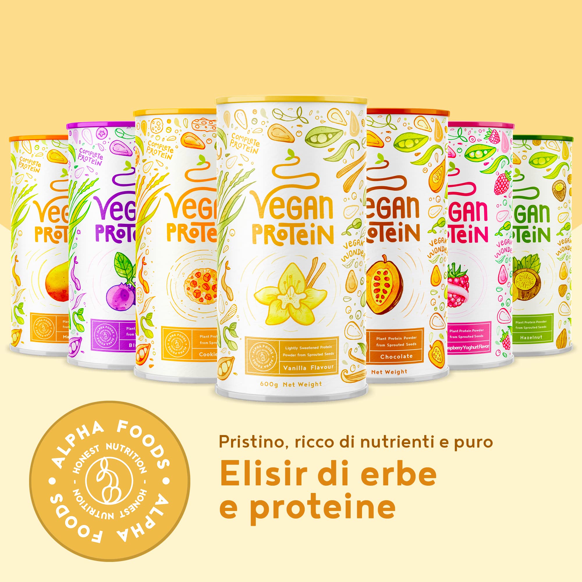 Proteine in Polvere Vegane | Gusto Vaniglia | 22g Proteine | Proteine Vegetali Isolate in Polvere di Pisello, Riso, Girasole e Soia | Massa Muscolare | 1200g Vegan Protein Powder | Alpha Foods