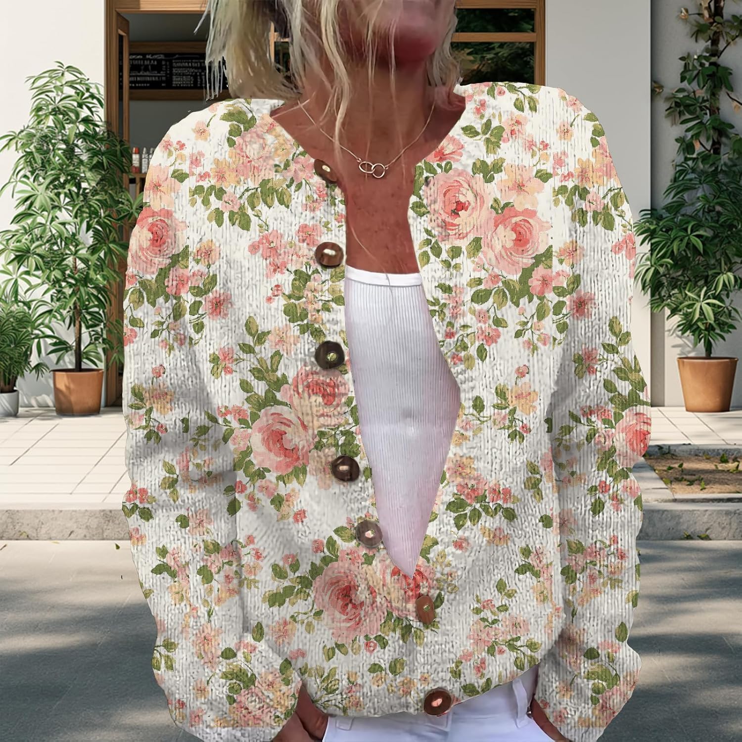 Floral Button Up Sweater Cardigan for Women Oversized Long Sleeve Casual Sweaters Plus Size Tops Outfits