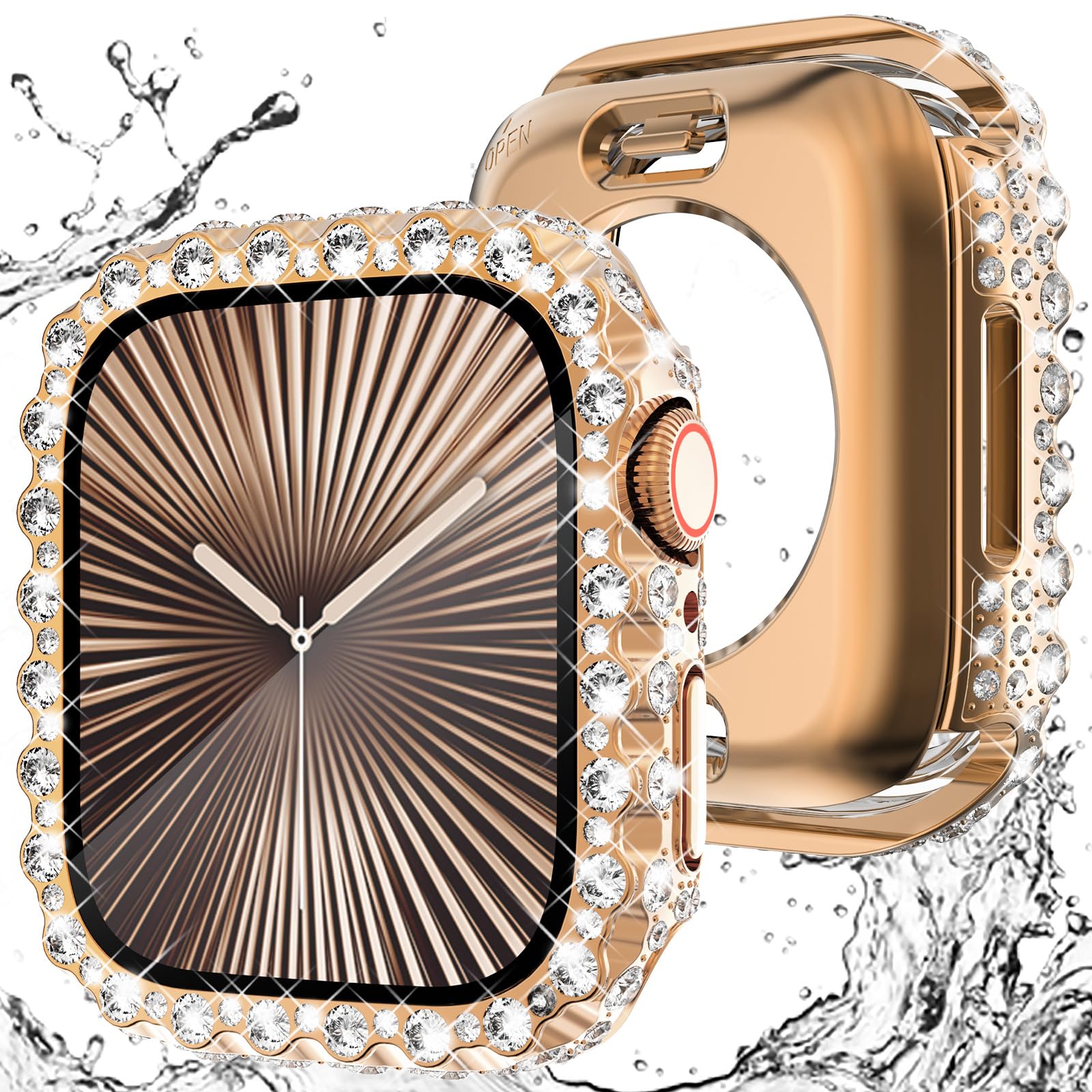WINGLE 2 in 1 Waterproof Case for Apple Watch Series 10 46mm Screen Protector Case, Bling Lace Edge Diamond Face Cover Glitter Rhinestone Protective Bumper for Apple Watch 10 Women, 46 mm Rose Gold