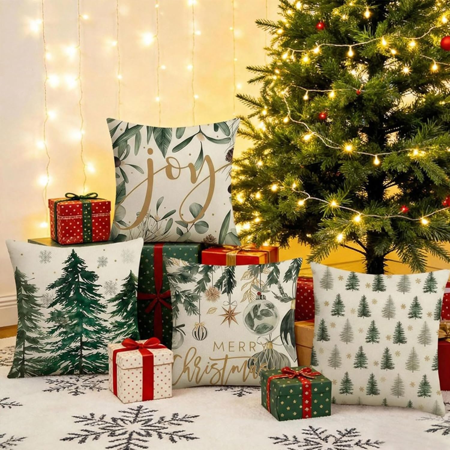 Merry Christmas Green Xmas Tree Pillow Covers 18 x 18 Inch,Set of 4 Decorative Winter Snowflake Joy Xmas Balls Designs for Seasonal Winter Decoration Couch Sofa Bedroom Living Room Decor - Image 5