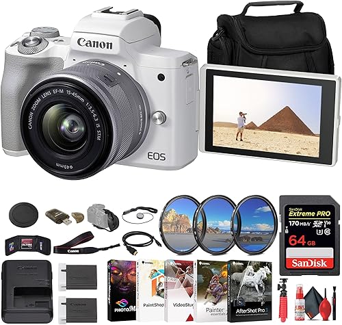 Canon Cámara sin espejo EOS M50 Mark II con lente de 0.591-1.772in (blanco) (4729C004) + tarjeta de memoria de 64GB + kit de filtro + cargador +
