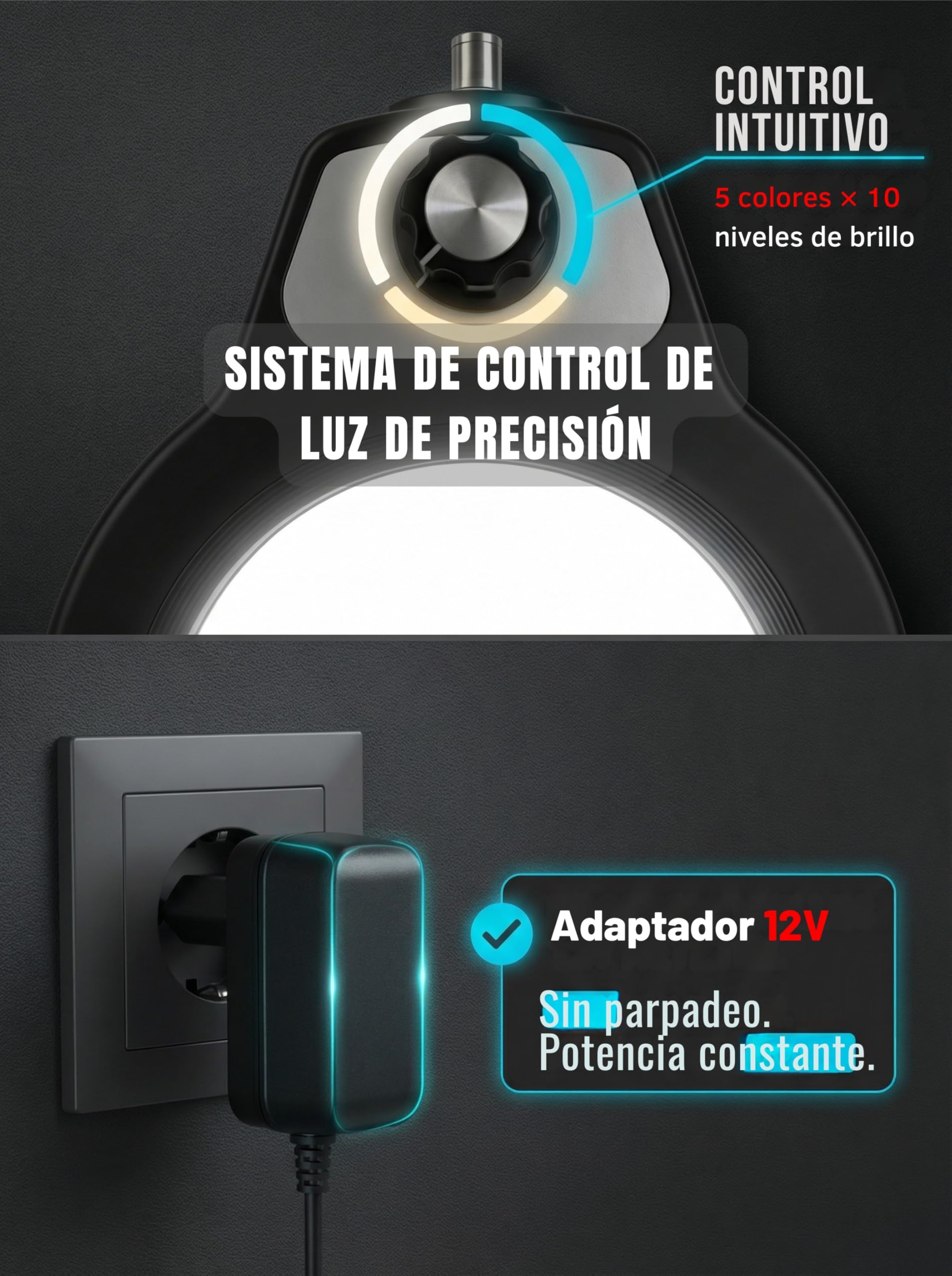 Lámpara Lupa LED con Pinza de Sujeción, Gran Lente de Cristal 5D | Cristal 12,5 cm, 100 LED, 5 colores, brazo 1 m, fuente 12V, mordaza 6,4 cm, precisión, afición, lectura