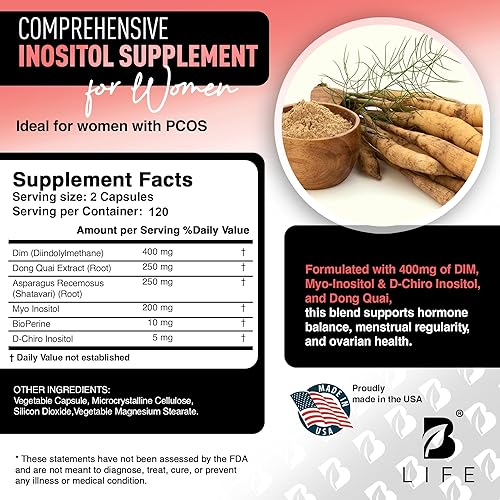 Miniatura 3 de Suplemento DIM 400 mg con Myo & D-Chiro Inositol, Dong Quai - Equilibrio Hormonal para Mujeres - Suplementos de fertilidad - Suplemento de inositol