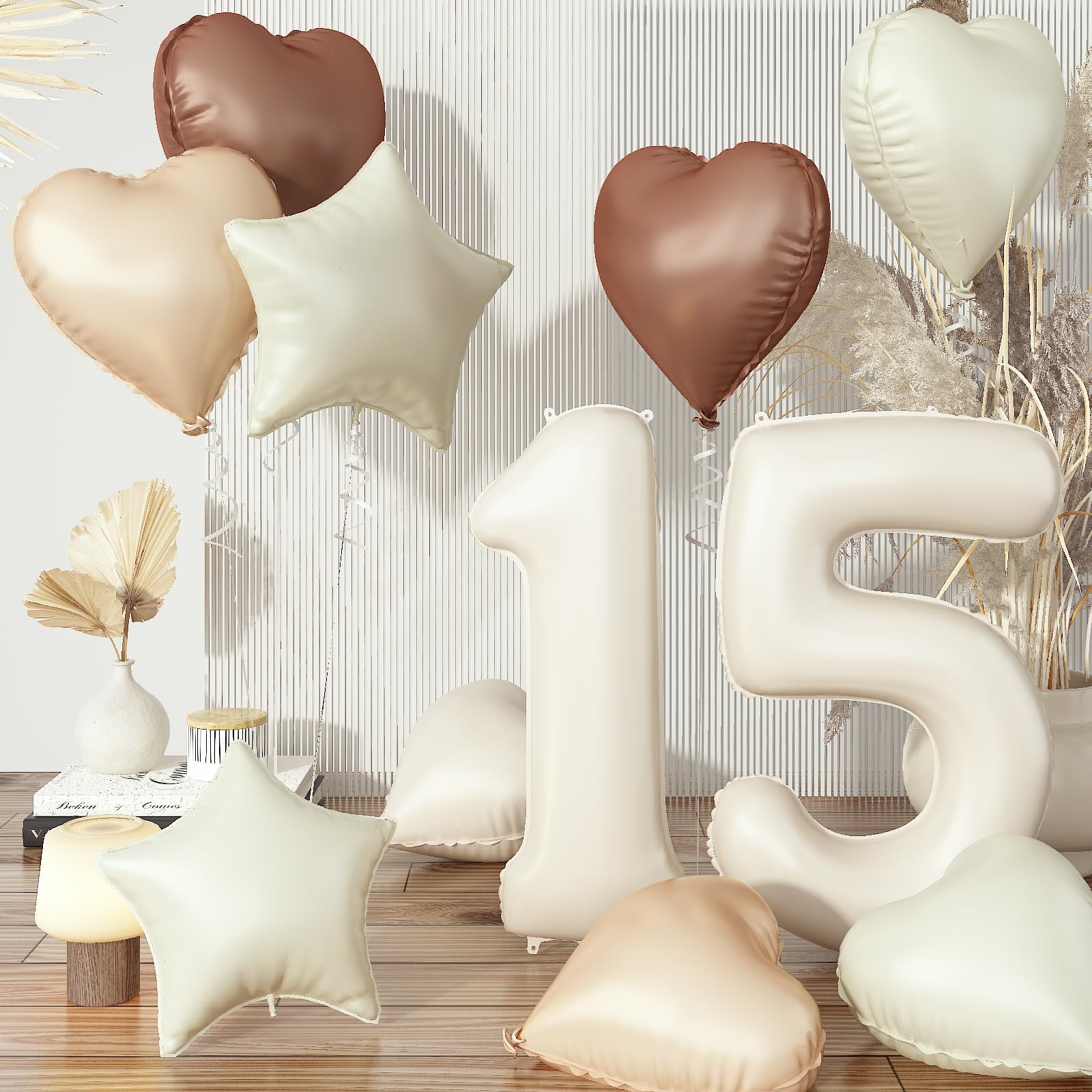 Large Sand White 15 Balloons, Foil Cream Brown Apricot Beige Number 15 Balloons, Tan Heart Balloons Boho Helium Nude Neutral Star Balloon for Girls
