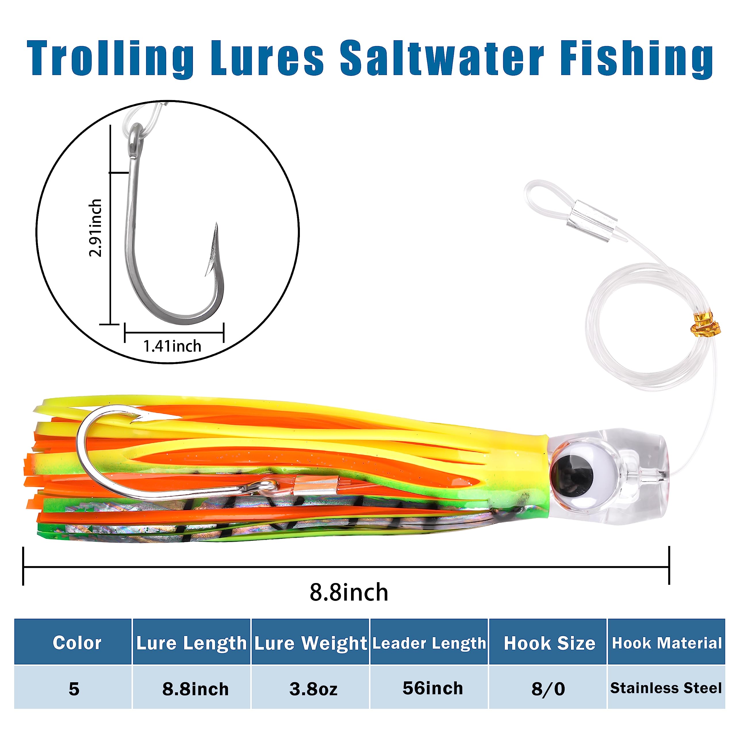 Leurres de pêche à la traîne en eau salée, 22,4 cm, leurres de pêche à la traîne en mer profonde pour Marlin, Thon, Mahi Wahoo (1 pièce, jaune orang)