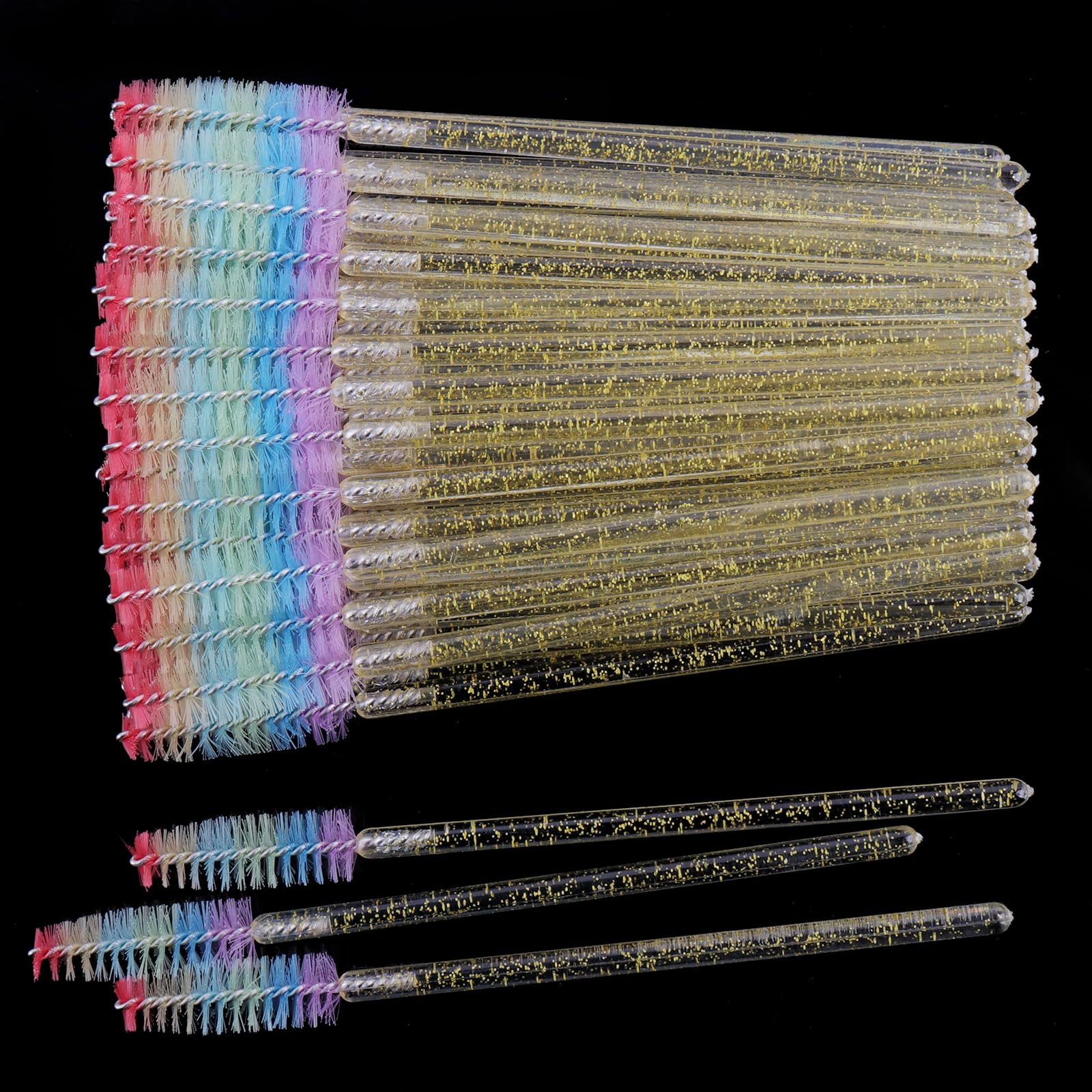 50 Pcs Disposable Mascara Wands, Crystal Eyebrow Spoolies Colorful Brush Head for Eyelash Extensions Lash Brushes Gold