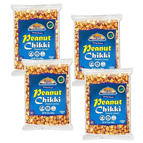 Rani Peanut Chikki (caramelo frágil) 3.5 onzas (3.53 oz) x paquete de 4 Todo natural Vegano Sin colores Apto para gluten Origen indio