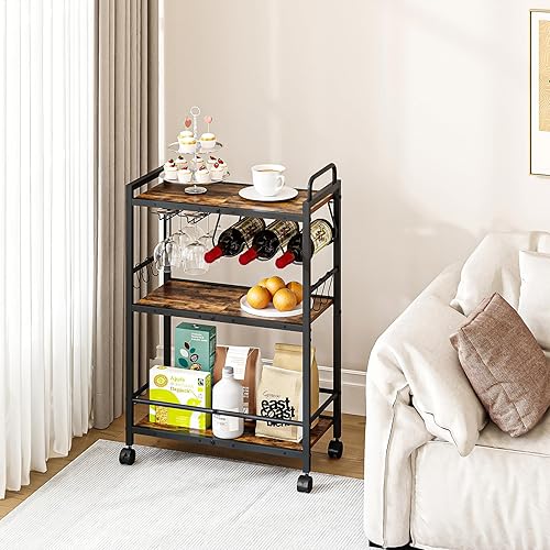 Miniatura 9 de Carrito de bar, carrito de servir para el hogar, carrito de microondas, carrito de bebidas, estante de cocina móvil con estante para vino y soporte