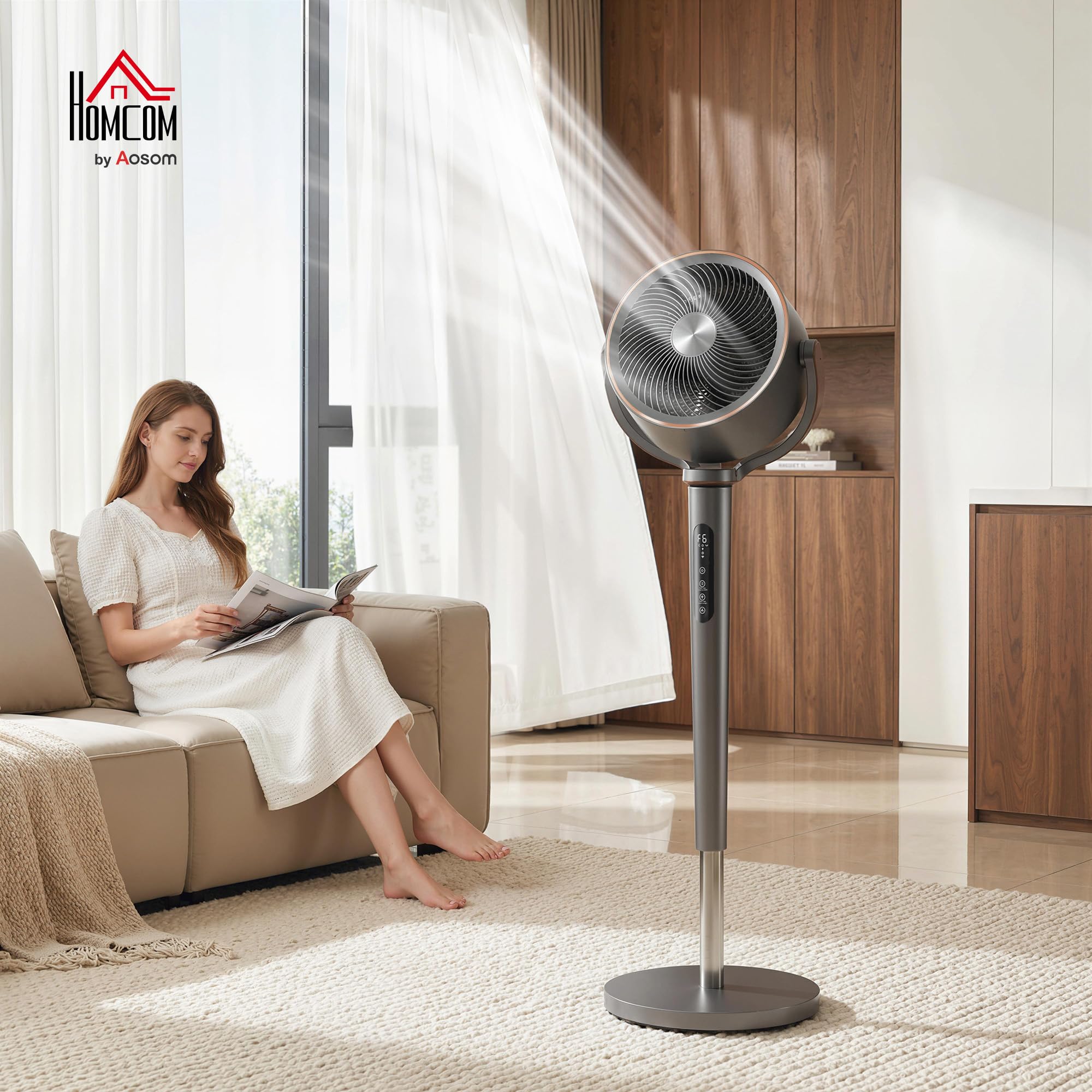 HOMCOM Ventilatore a Piantana Silenzioso 20dB, Ventilatore Camera da Letto, Oscillazione 70°+90°, Funzione Aromaterapia, Ionizzatrice, Motore DC, Telecomando, 12 Velocità, Timer12H, Altezza Regolabile