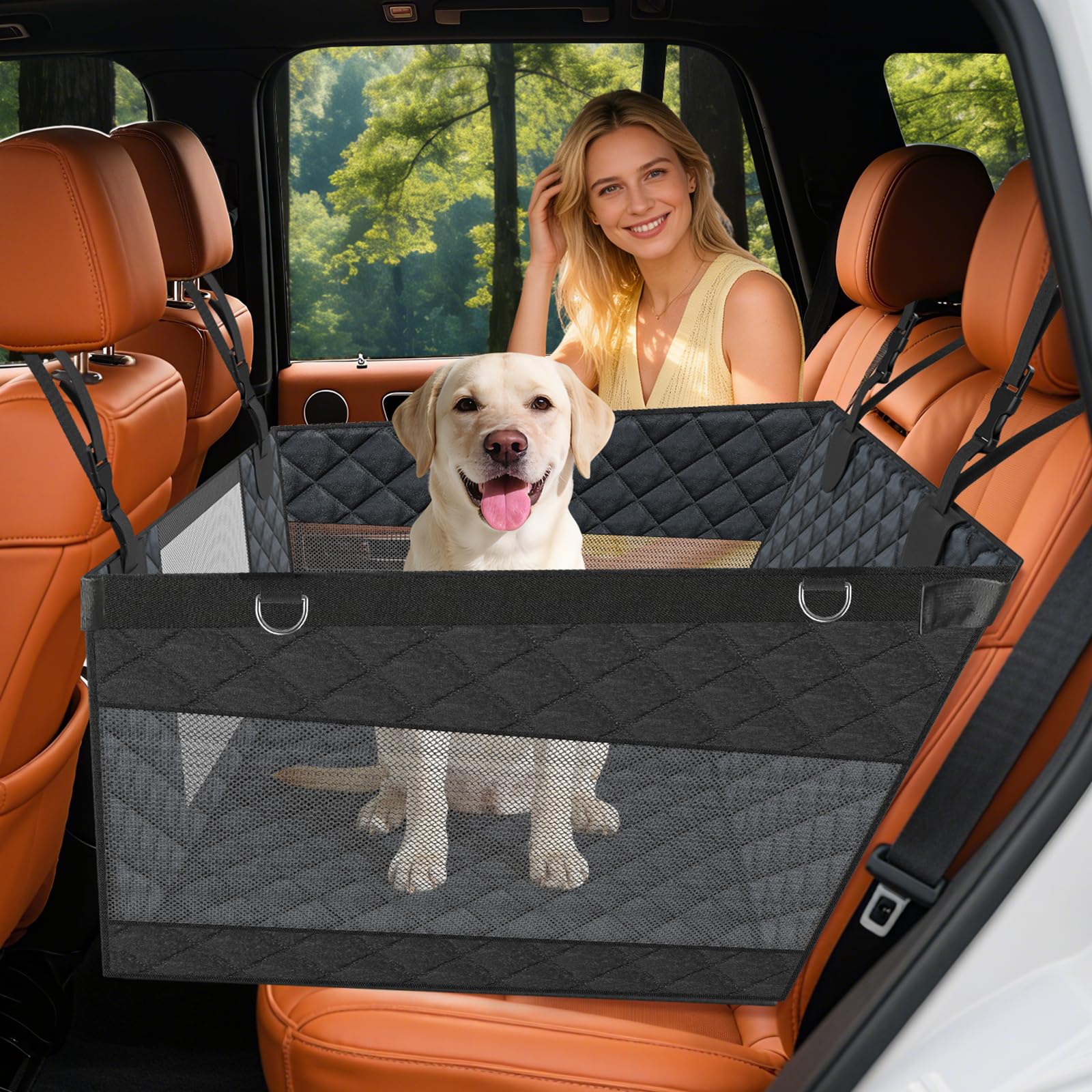 Large PU Dog Car Seat - Waterproof Dog Back Seat Cover with 3 Mesh Windows - Hard Bottom Extender, Safety Belt, Non-Slip Hammock for SUV, Truck, Car