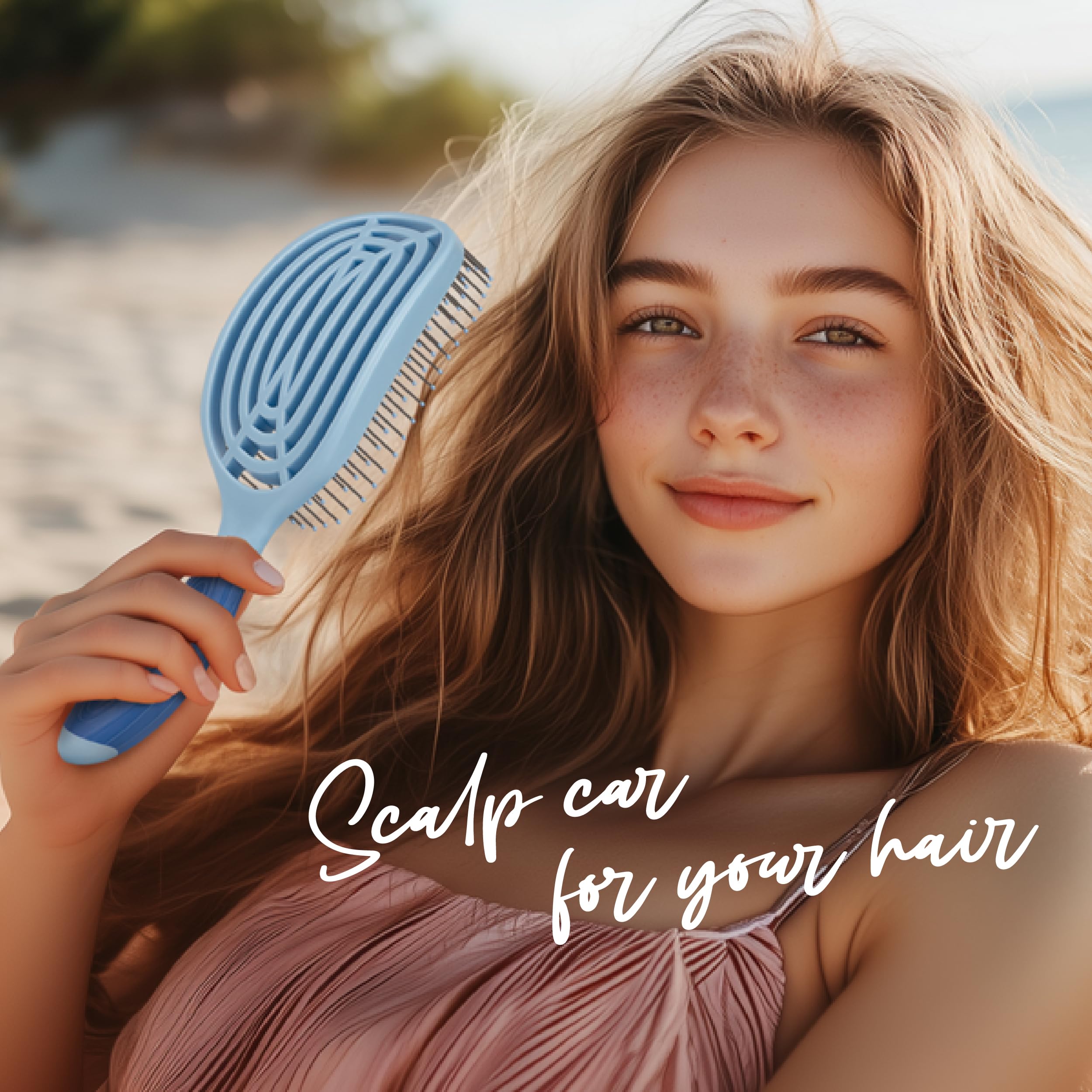 NuWay® C Brush® - Cepillo patentado para el cuidado del cuero cabelludo, diseño curvado ergonómico para un masaje suave del cuero cabelludo, peinado en seco y cabello húmedo o seco (azul cielo)