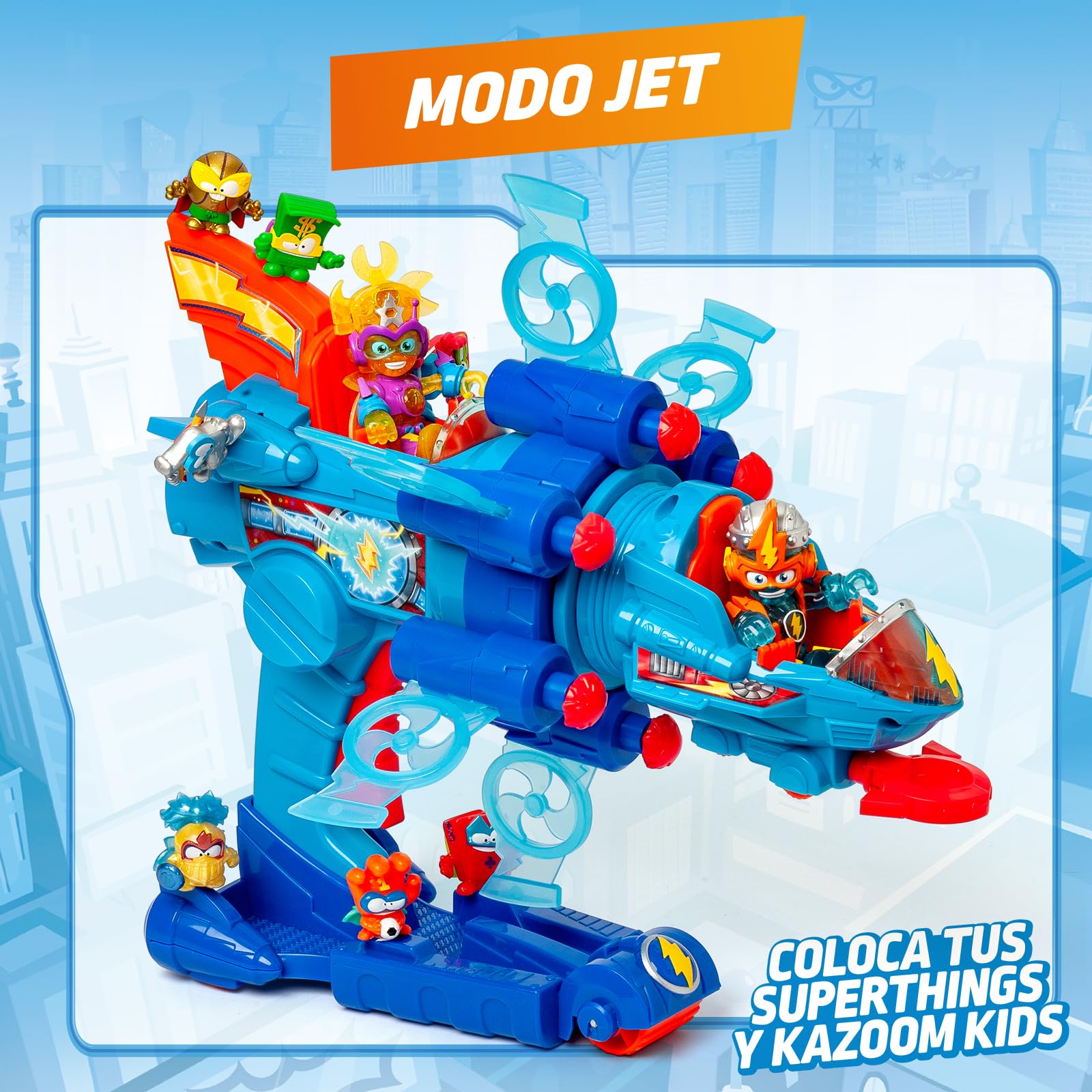 SUPERTHINGS KAZOOM Power – Vehículo Multi-acción de la Serie de TV ''Kazoom Power'', Contiene 1 Blaster Jet, 1 Kid Kazoom Exclusivo y 6 Proyectiles