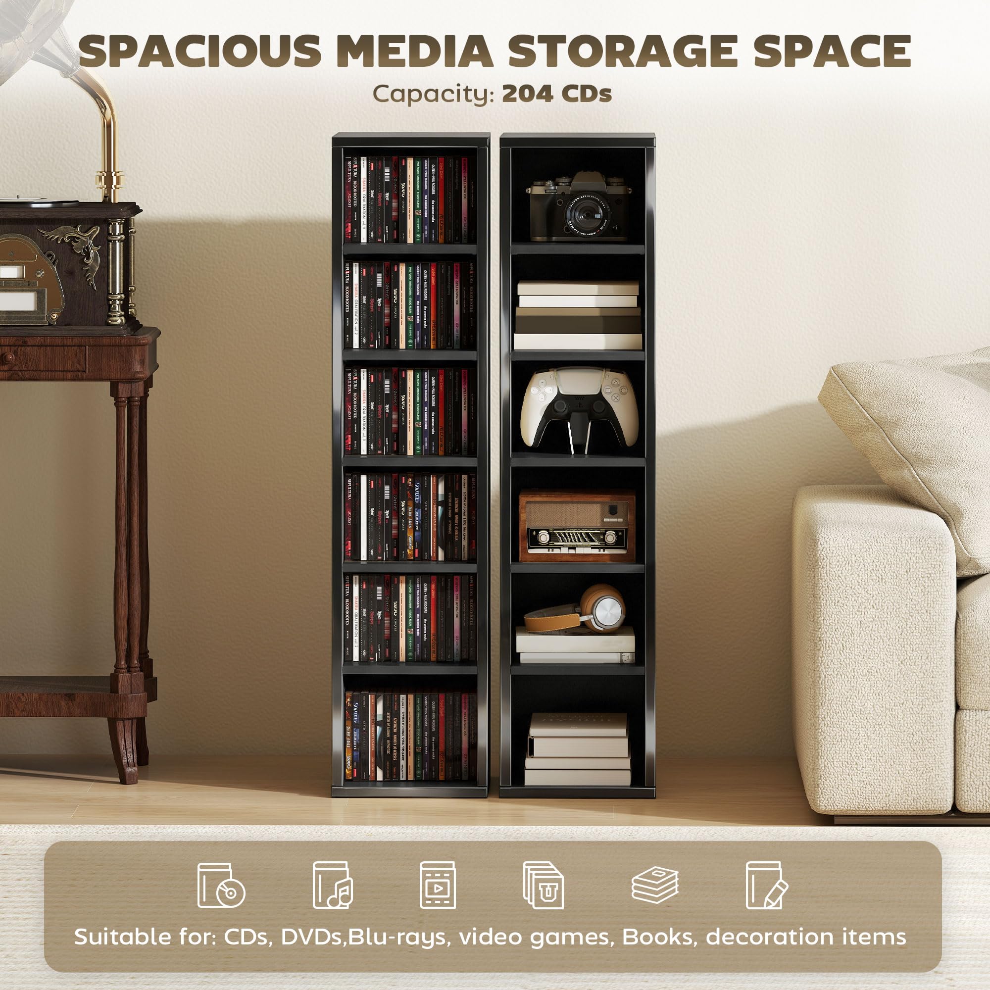 HOMCOM Set di 2 scaffali per CD Media Display 204 Blu-Ray Tower Rack w/ripiani regolabili libreria organizer portaoggetti, nero lucido