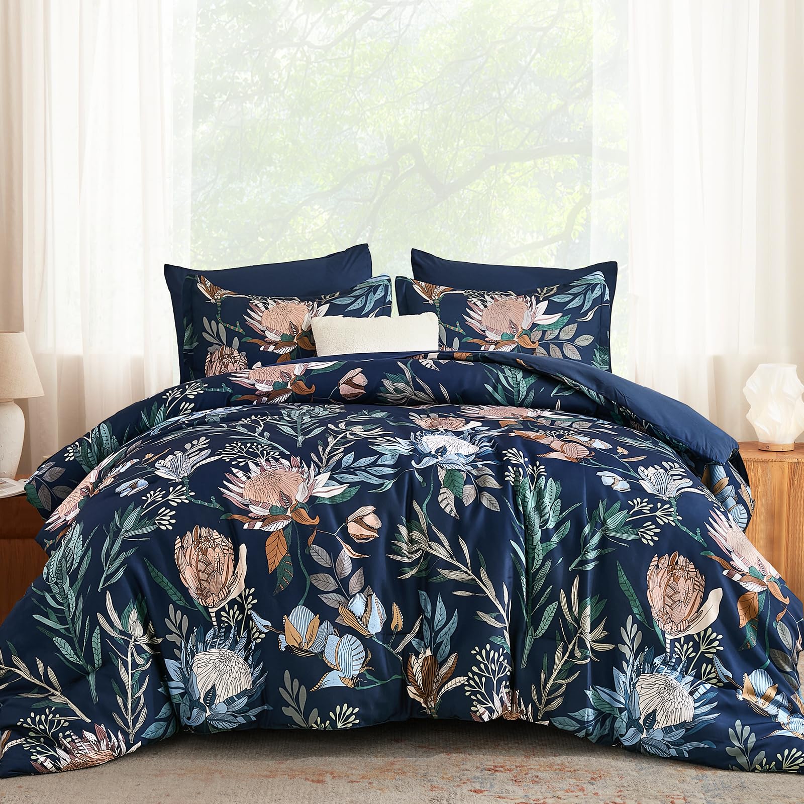 Queen Comforter Set 7 Pieces Bedding Sets, Navy Blue Floral Comforter and Sheet Set, Soft Microfiber Bed in a Bag for All Seasons (Navy Blue,90"x90")