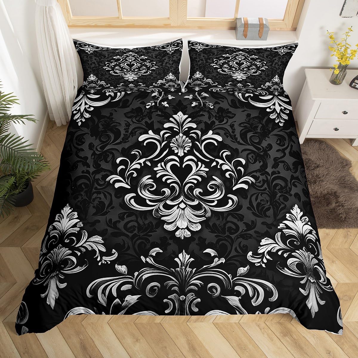 Homewish Gothic Bettwäsche 135x200 Vintage Boho Damast Blumen Bettbezug Bohemian Exotic Bettwäscheset für Kinder Männer Frauen Erwachsene,Moderne Viktorianische Barock Blumen Schlafzimmer Dekor