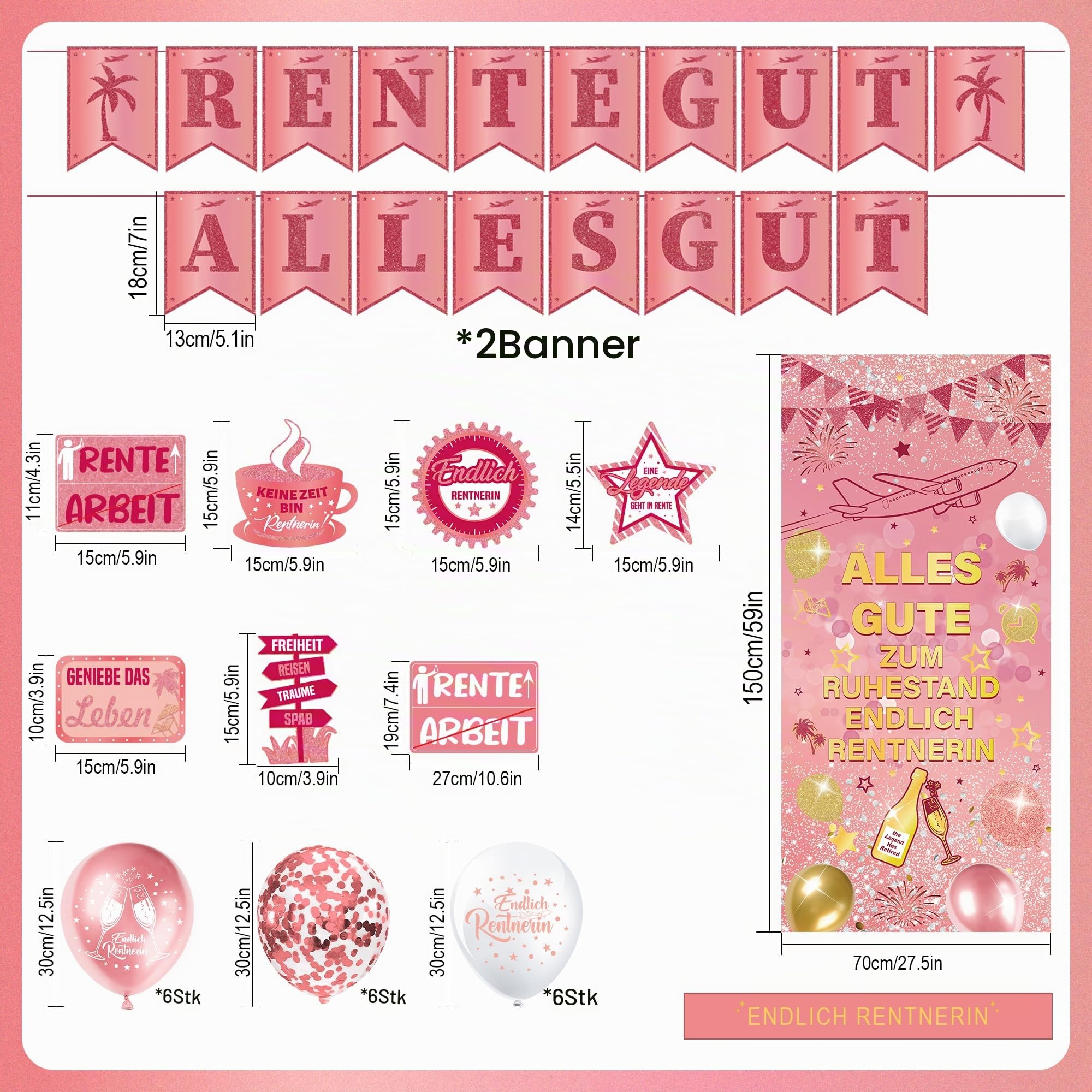 Ruhestand Deko Set – Girlande, Schärpe & Ballons „Endlich Rentnerin!“ – Gold-Rosa Glitzer, Abschiedsfeier