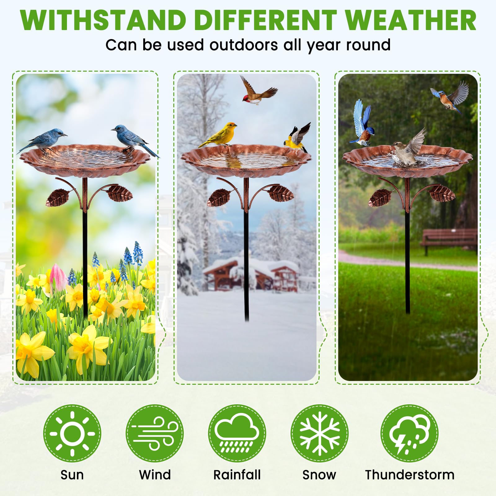 Zorplex Abreuvoir Oiseaux Extérieur, Grand Métal Bain d’Oiseaux Antigel avec Base Stable 5 Broches, Bassin Décoratif Résistant Hiver pour Oiseaux Sauvages, Jardin, Terrasse et Balcon