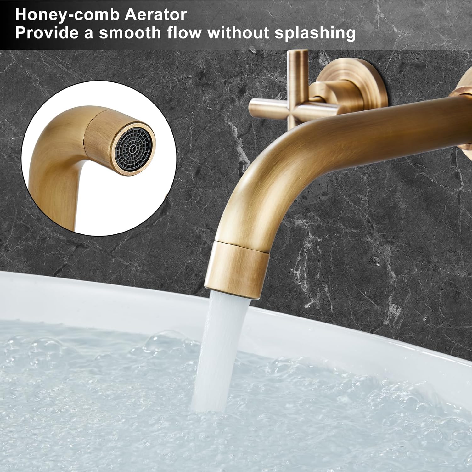 Midanya Wall Mounted Bathroom Sink Faucet,Double Handle 3 Holes Widespread Vanity Sink Mixer Tap with Rough in Valve Dual Cross Handles Faucets,Antique Brass