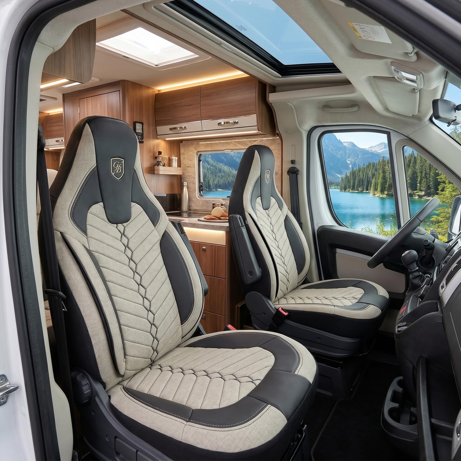 Fundas de Asiento Camper en Lino, compatibles Fiat Ducato, Citroën Jumper, Peugeot Boxer, Asientos Delanteros Conductor & acompañante, Camper & Caravana, Beige-Negro